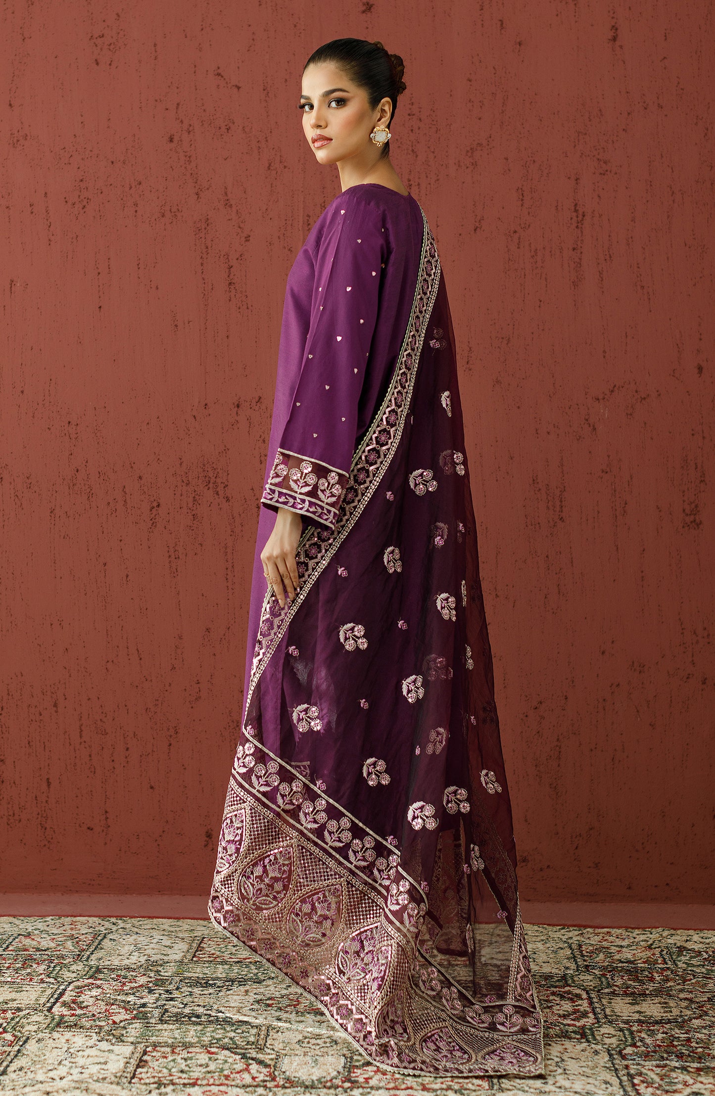 Stitched 3 Piece Embroidered Cotton Silk Shirt , Cotton Silk Pant and Organza Dupatta (WRFC23W-3002)