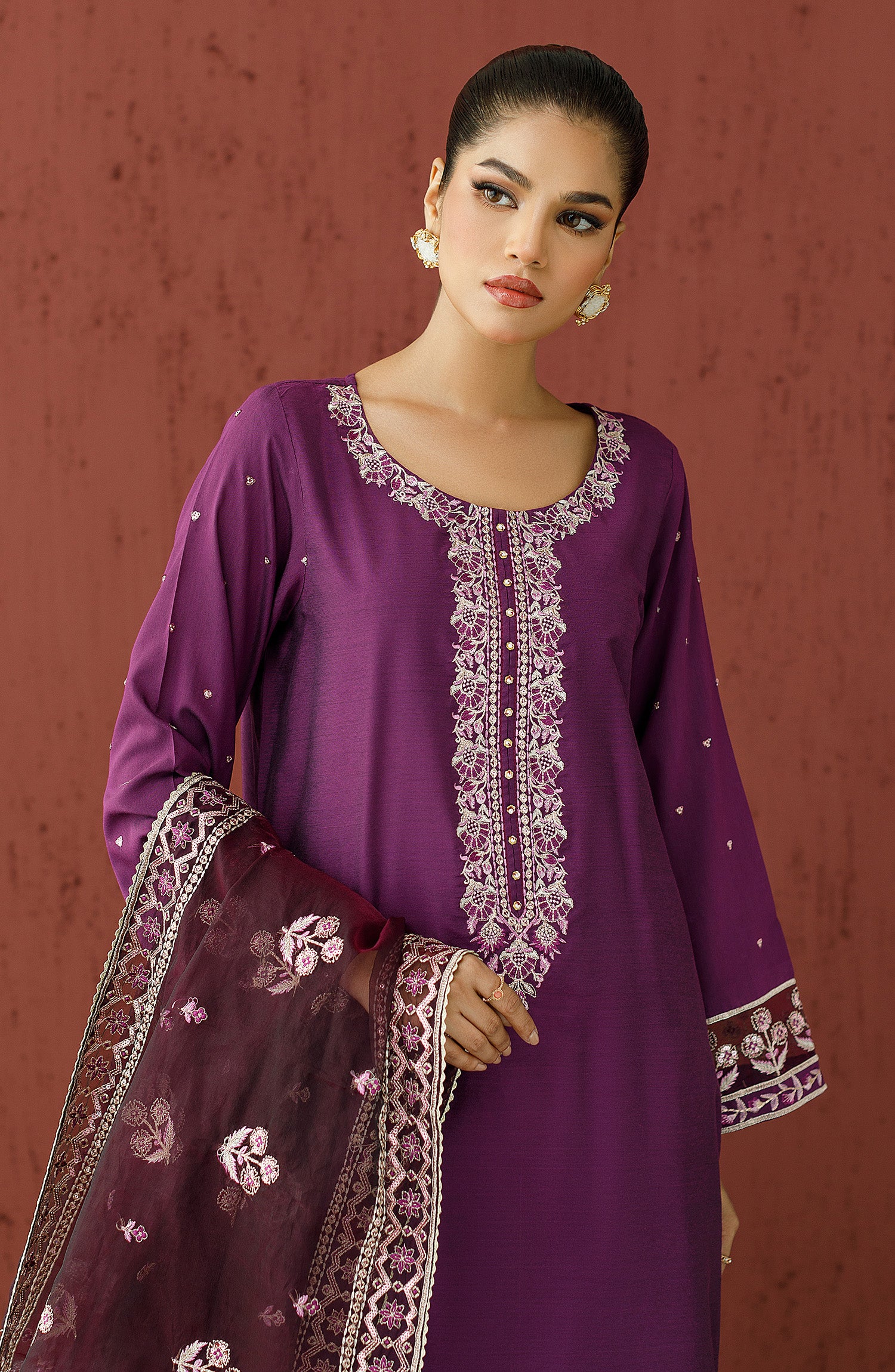 Stitched 3 Piece Embroidered Cotton Silk Shirt , Cotton Silk Pant and Organza Dupatta (WRFC23W-3002)