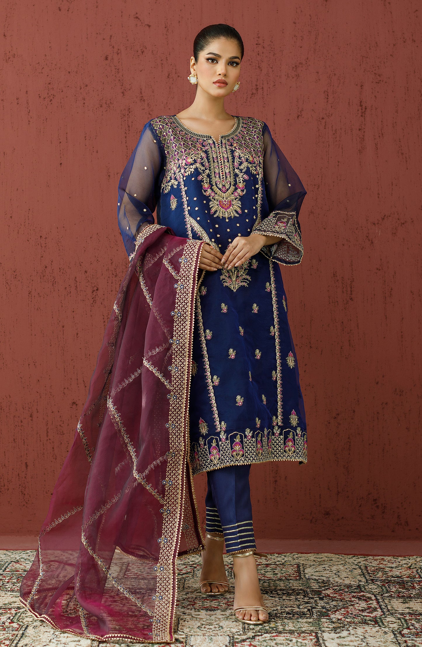 Stitched 3 Piece Embroidered Organza Shirt , Raw Silk Pant and Organza Dupatta (OTLF-23-059/S BLUE)