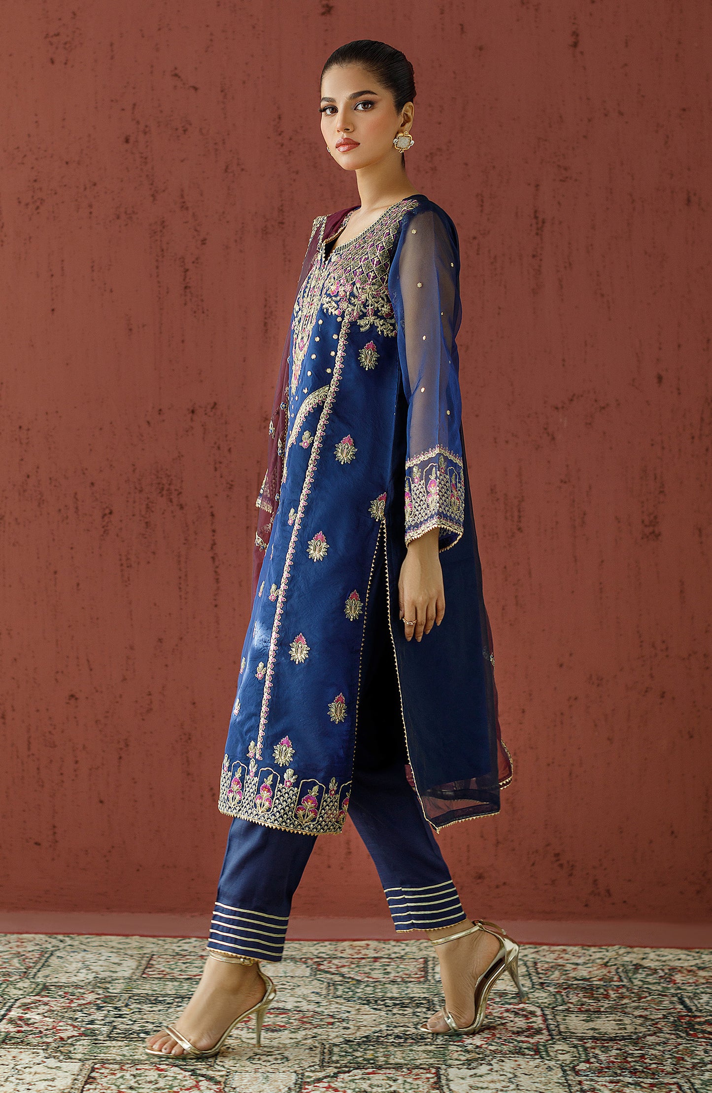 Stitched 3 Piece Embroidered Organza Shirt , Raw Silk Pant and Organza Dupatta (OTLF-23-059/S BLUE)