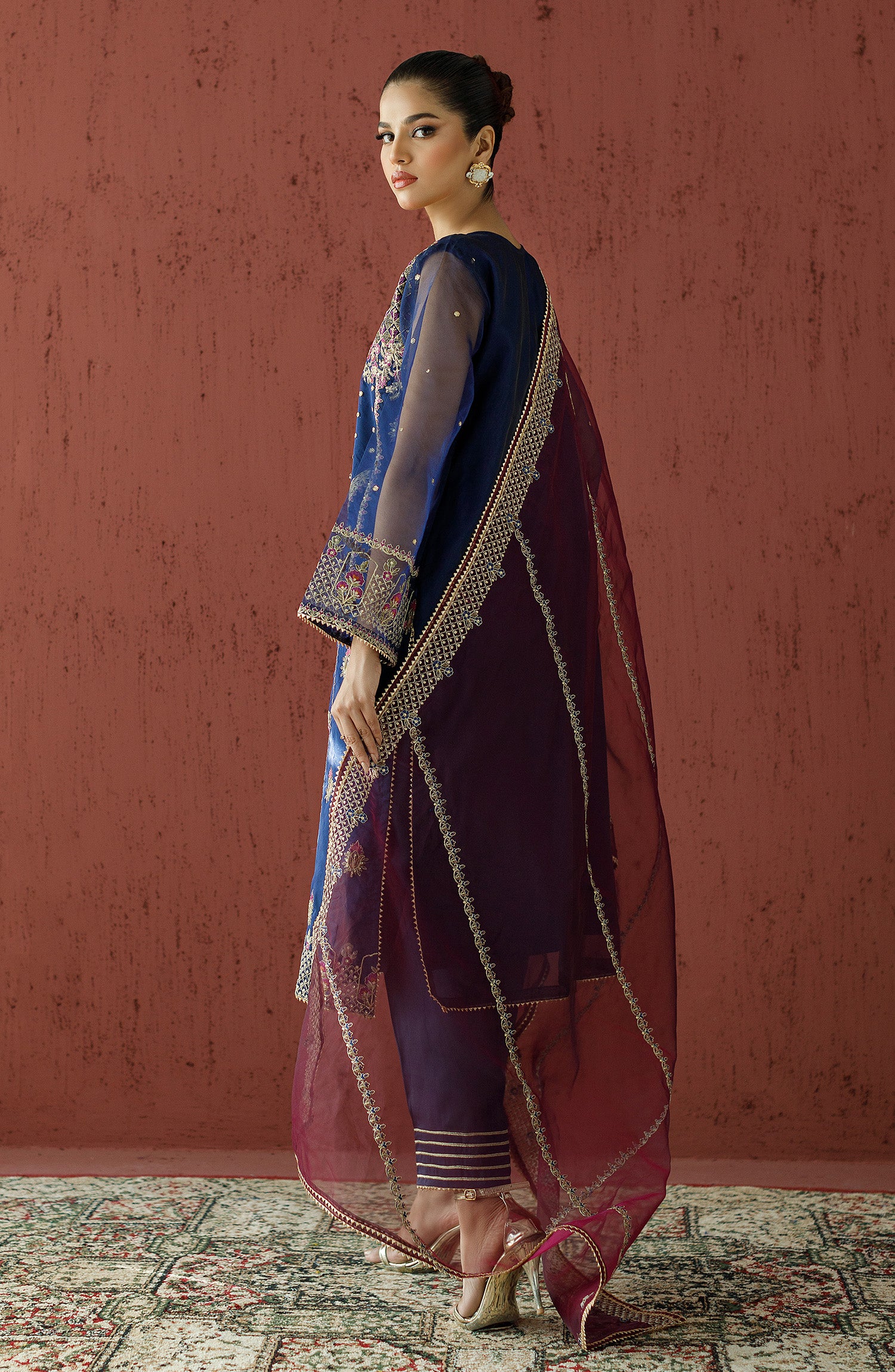 Stitched 3 Piece Embroidered Organza Shirt , Raw Silk Pant and Organza Dupatta (OTLF-23-059/S BLUE)