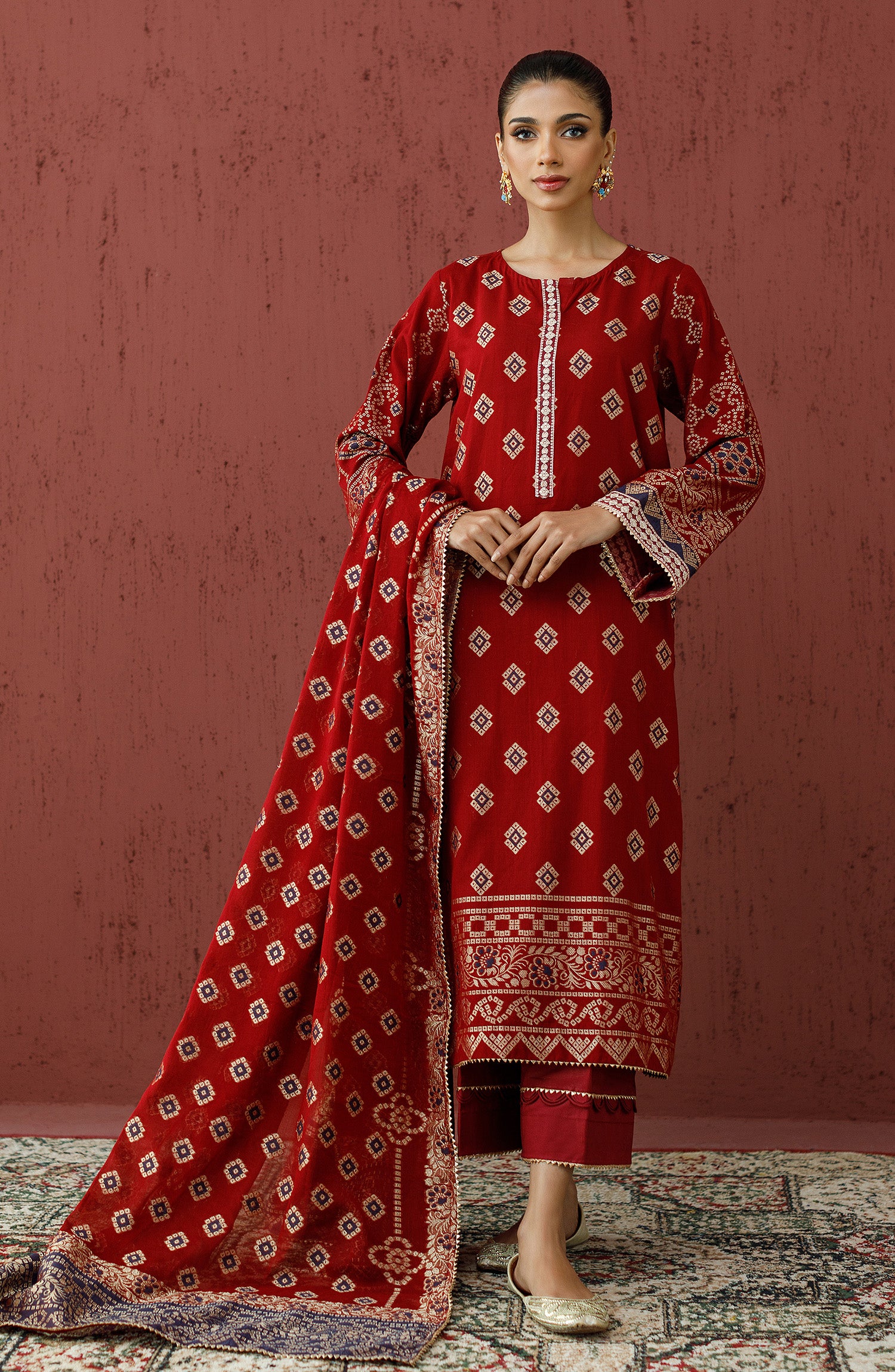 Stitched 3 Piece Embroidered Jacquard Shirt , Cambric Pant and JACQUARD Dupatta (OTLF-23-076/S MAROON)