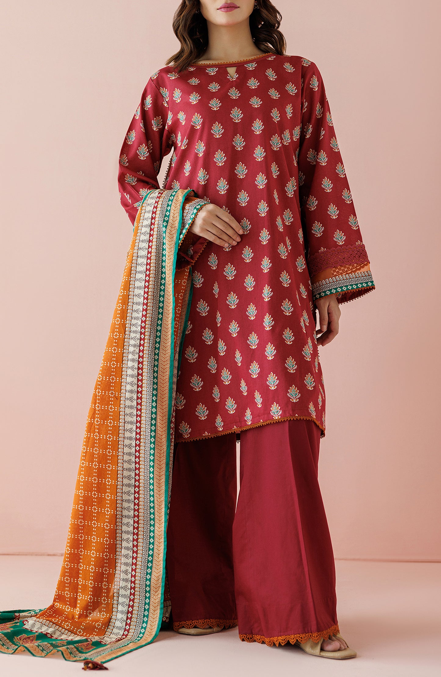 Stitched 3 Piece Printed Lawn Shirt , Cambric Pant and Lawn Dupatta (OTL-24-211/S RED)