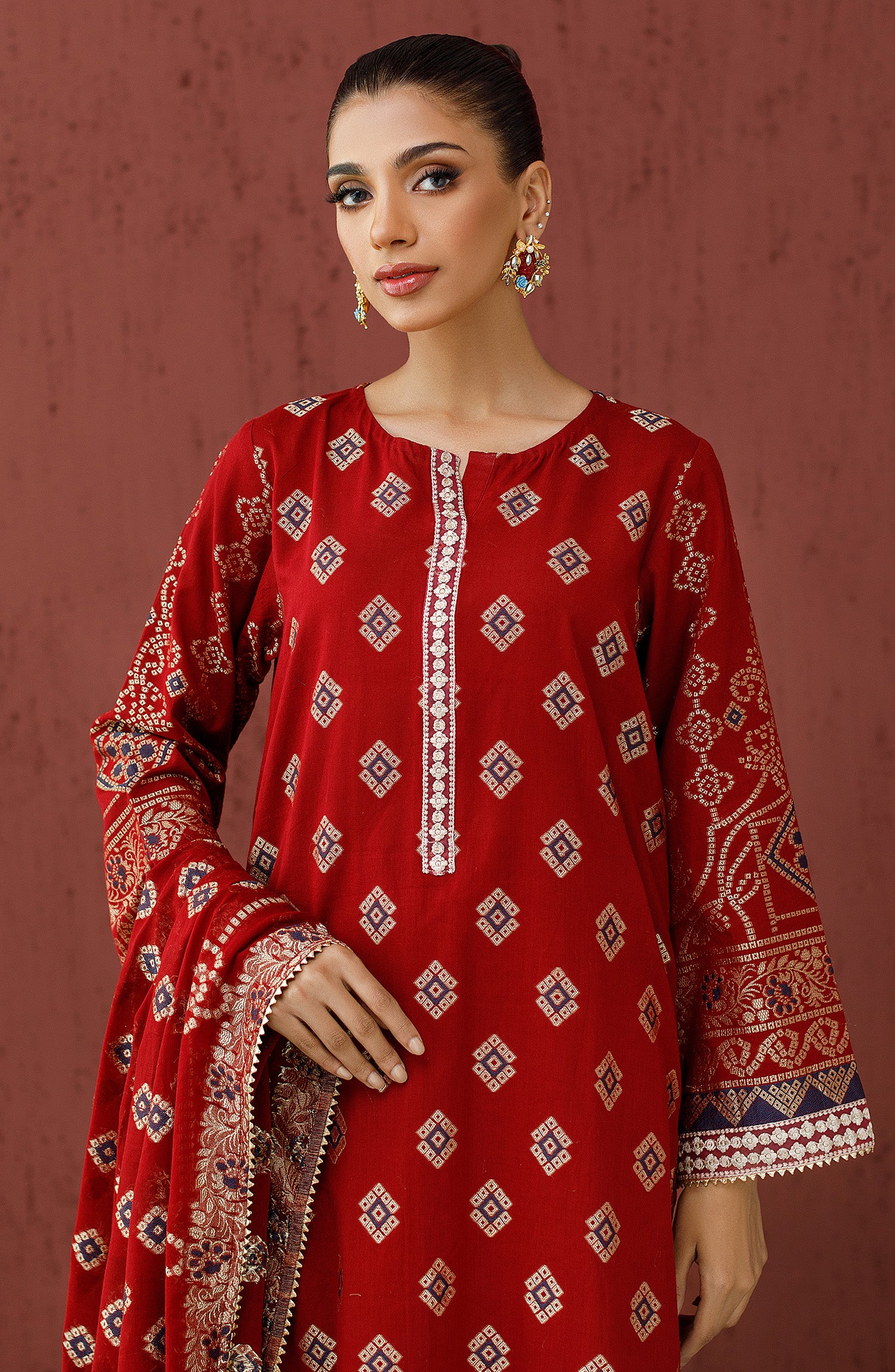 Stitched 3 Piece Embroidered Jacquard Shirt , Cambric Pant and JACQUARD Dupatta (OTLF-23-076/S MAROON)