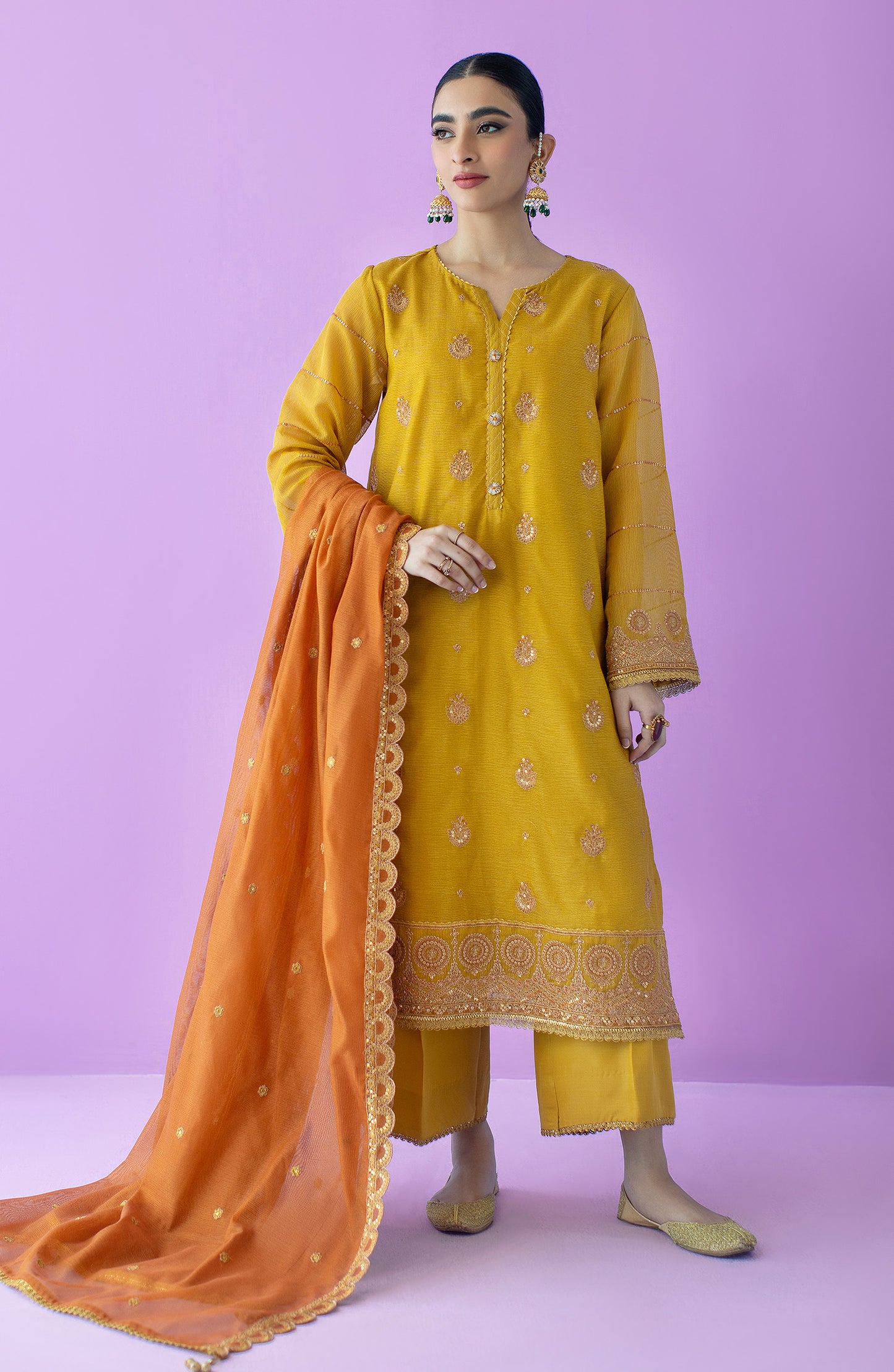 OTLF-23-045/S MUSTARD KHADDI NET Women READY TO WEAR SHIRT DUPATTA PANTS