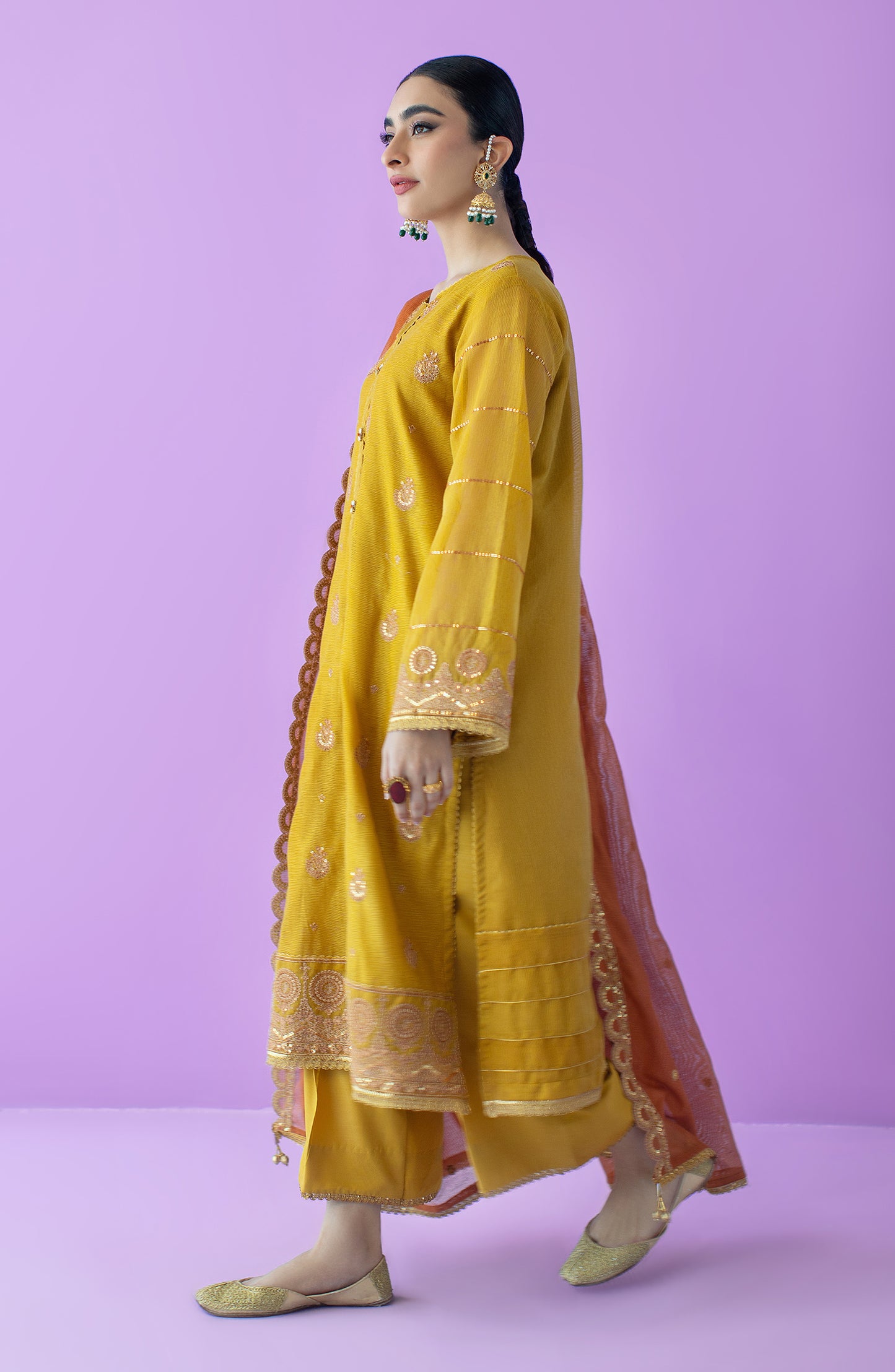 OTLF-23-045/S MUSTARD KHADDI NET Women READY TO WEAR SHIRT DUPATTA PANTS