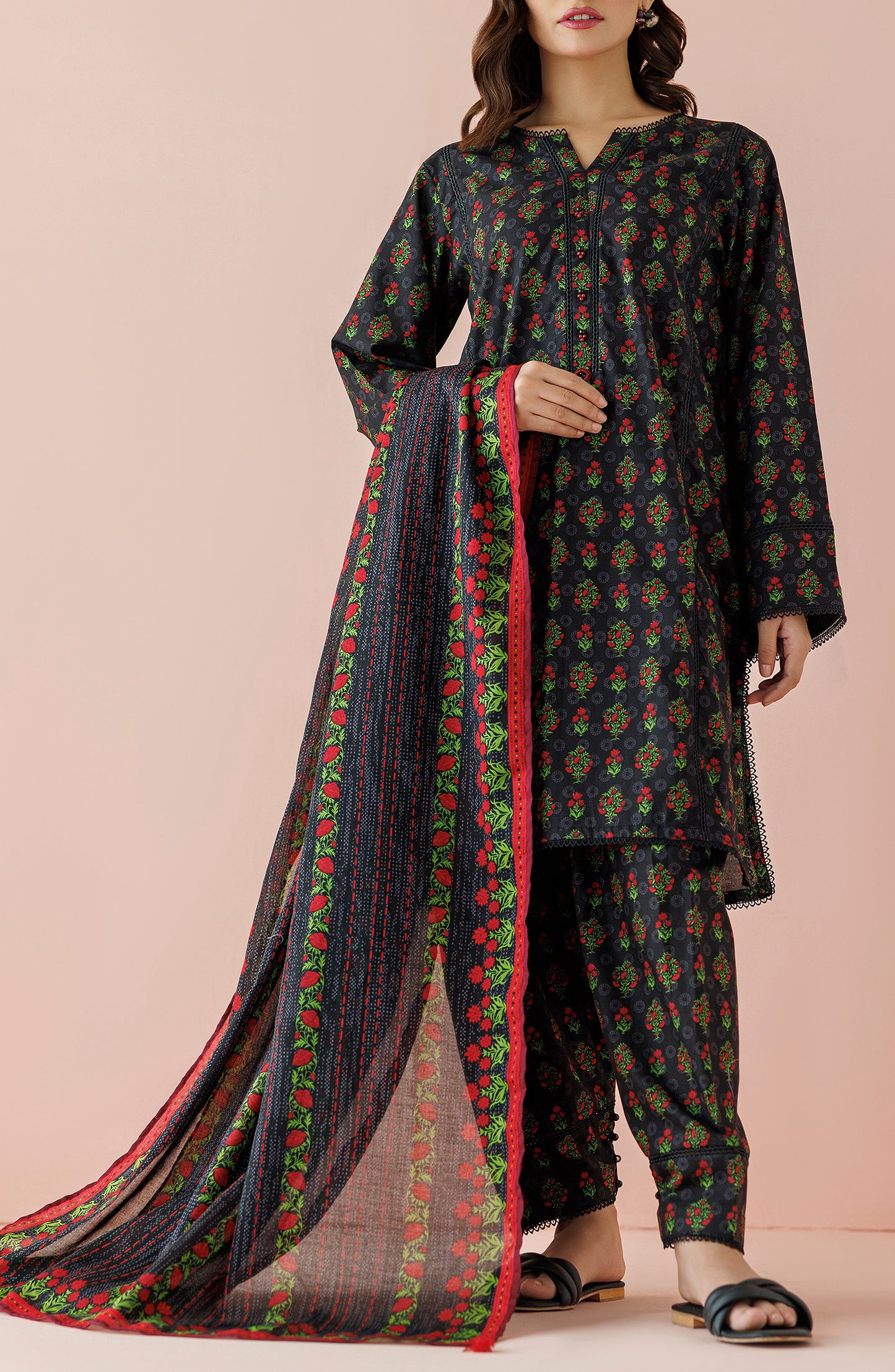 Stitched 3 Piece Printed Lawn Shirt , Cambric Pant and Lawn Dupatta (OTL-24-294/S BLACK)