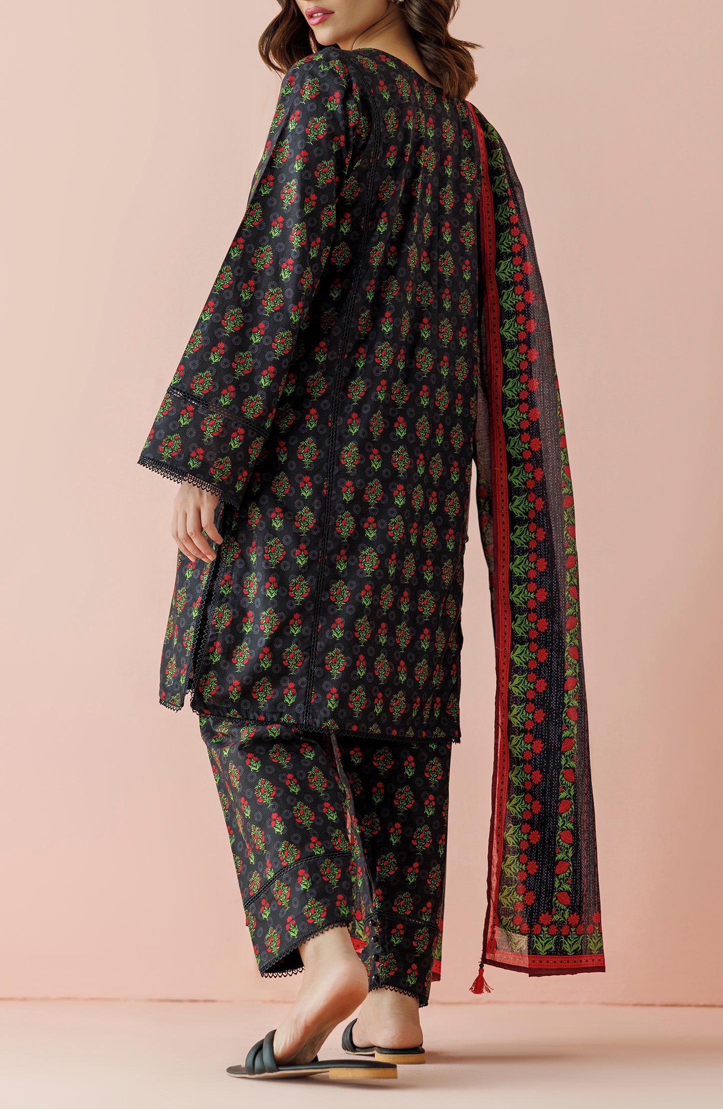 Stitched 3 Piece Printed Lawn Shirt , Cambric Pant and Lawn Dupatta (OTL-24-294/S BLACK)