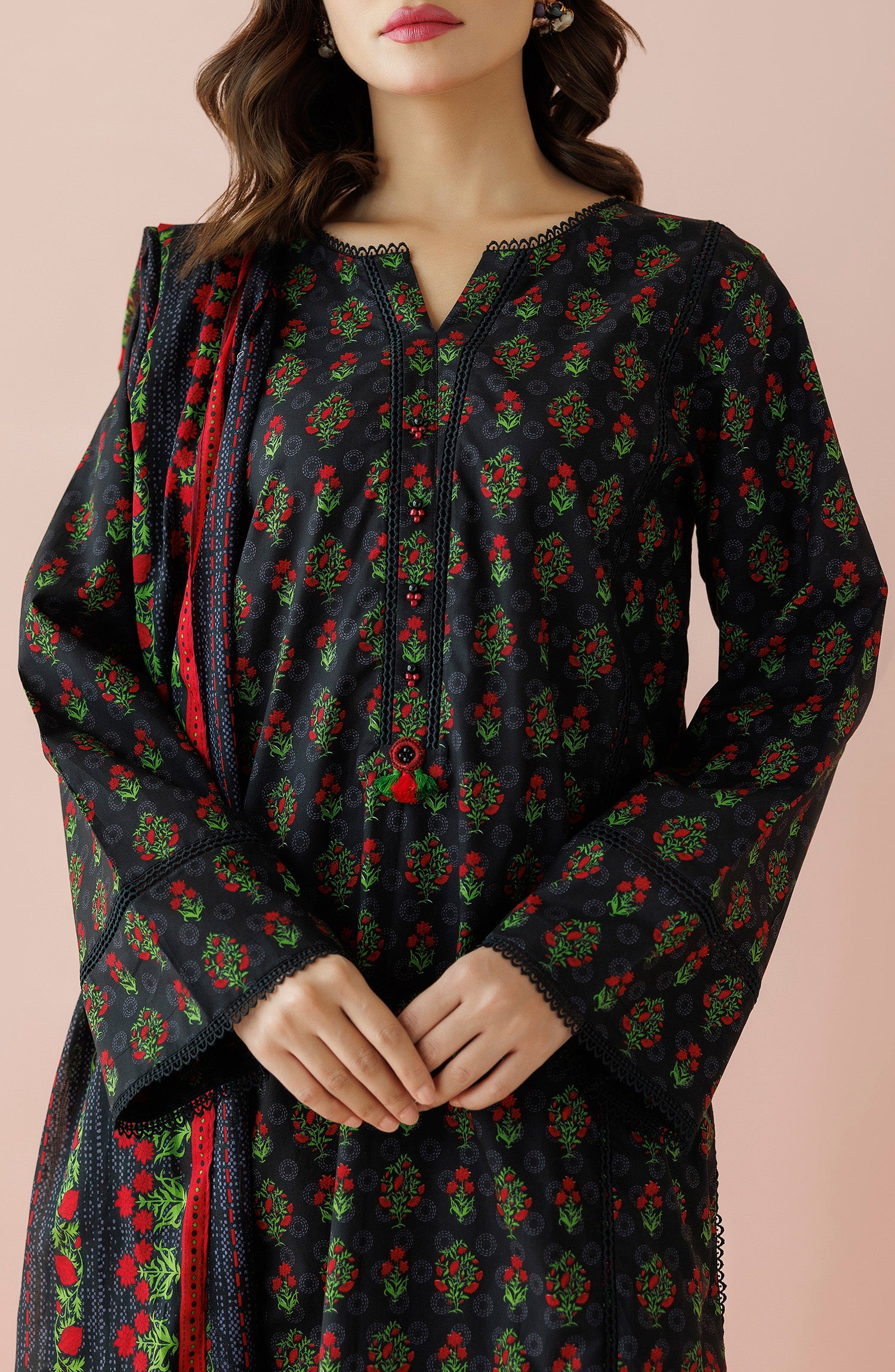 Stitched 3 Piece Printed Lawn Shirt , Cambric Pant and Lawn Dupatta (OTL-24-294/S BLACK)