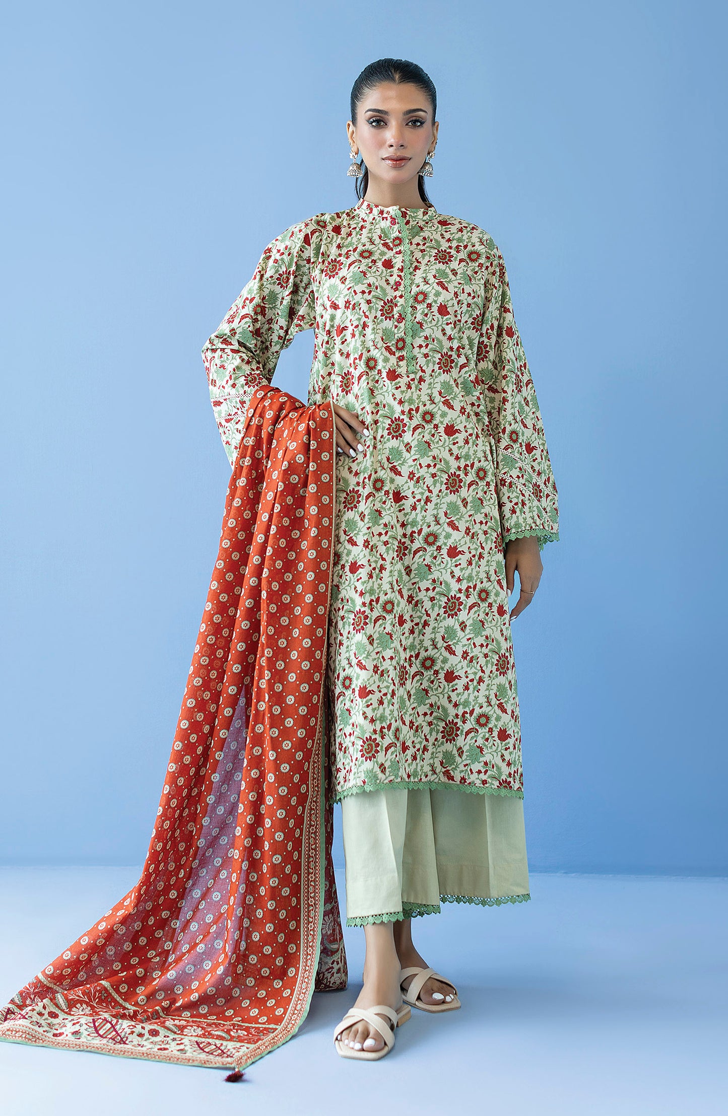 OTL-23-224/U BEIGE LAWN  UNSTITCHED SHIRT DUPATTA PANTS