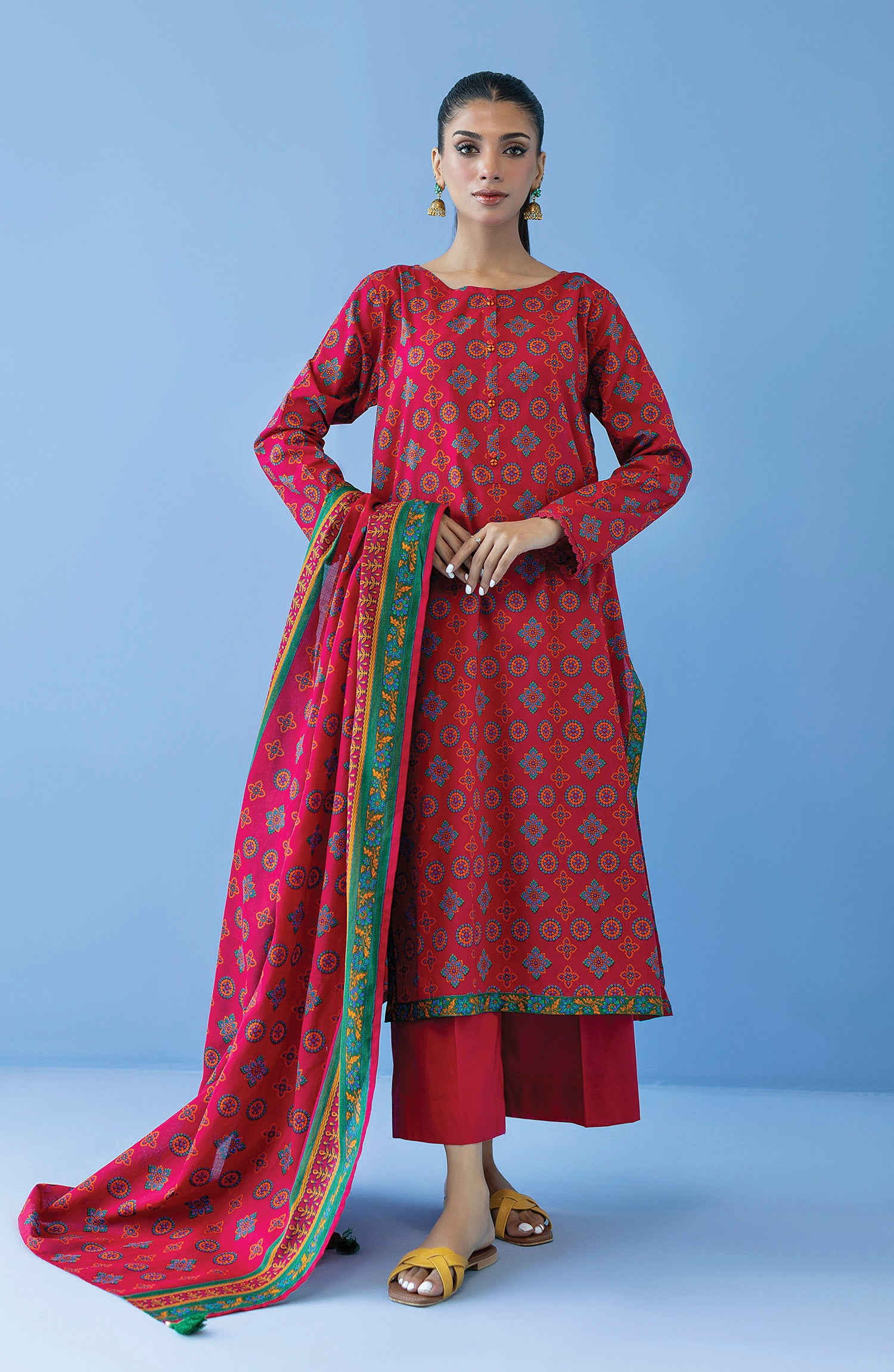 OTL-23-287/U RED LAWN  UNSTITCHED SHIRT DUPATTA PANTS