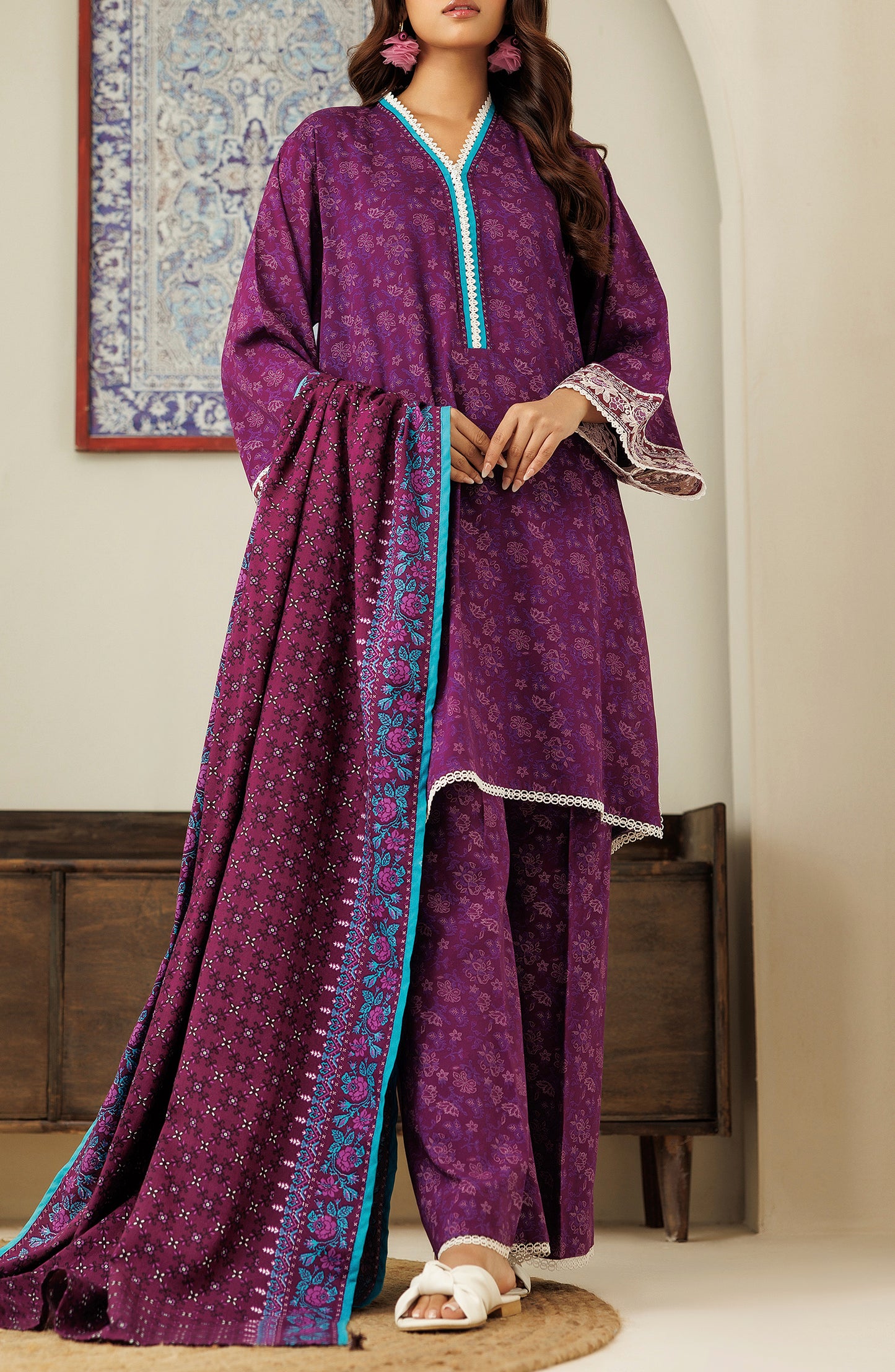 OTL-24-305/U PLUM LINEN Women UNSTITCHED SHIRT DUPATTA PANTS