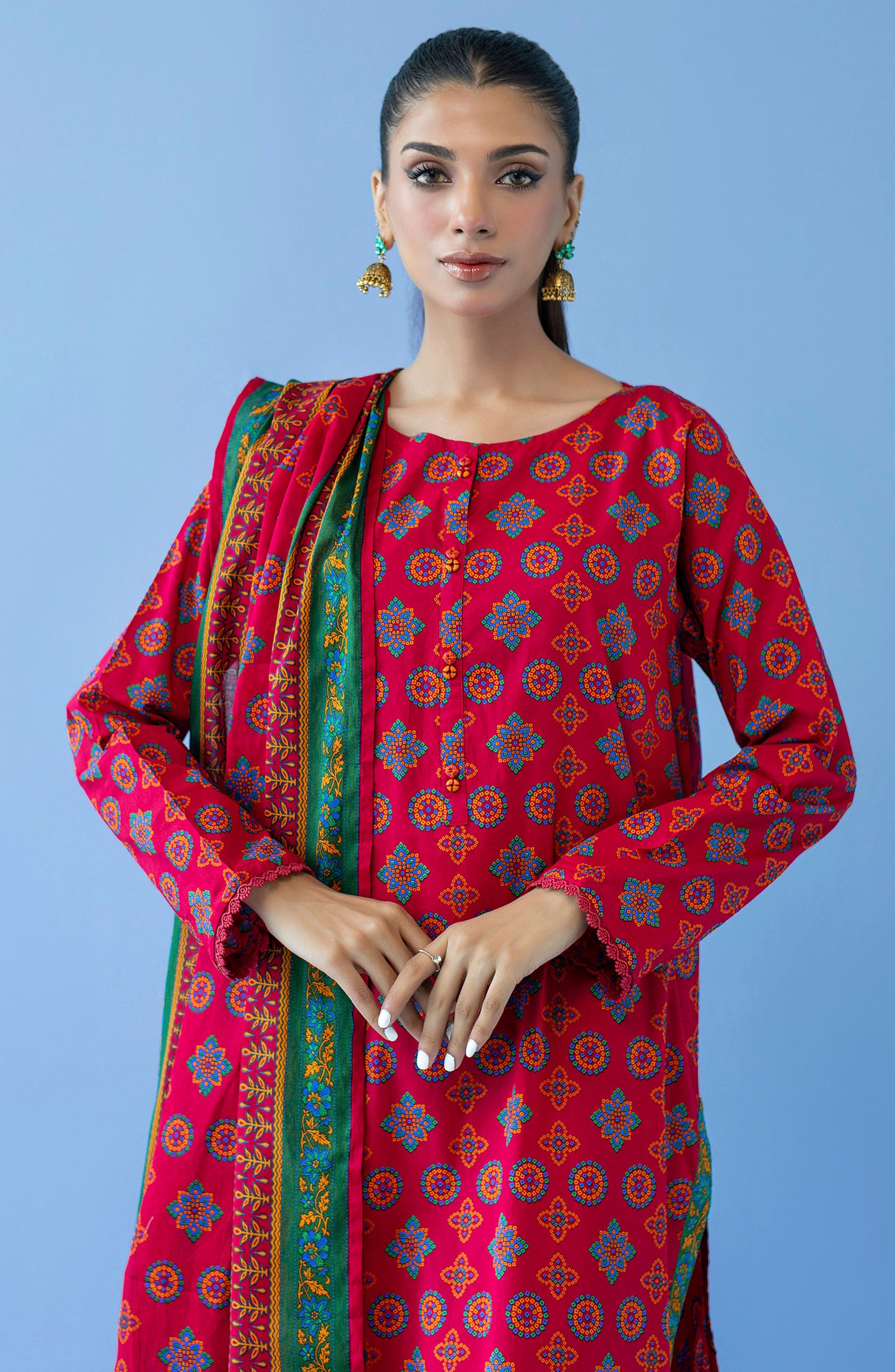 OTL-23-287/U RED CAMBRIC  UNSTITCHED SHIRT DUPATTA PANTS