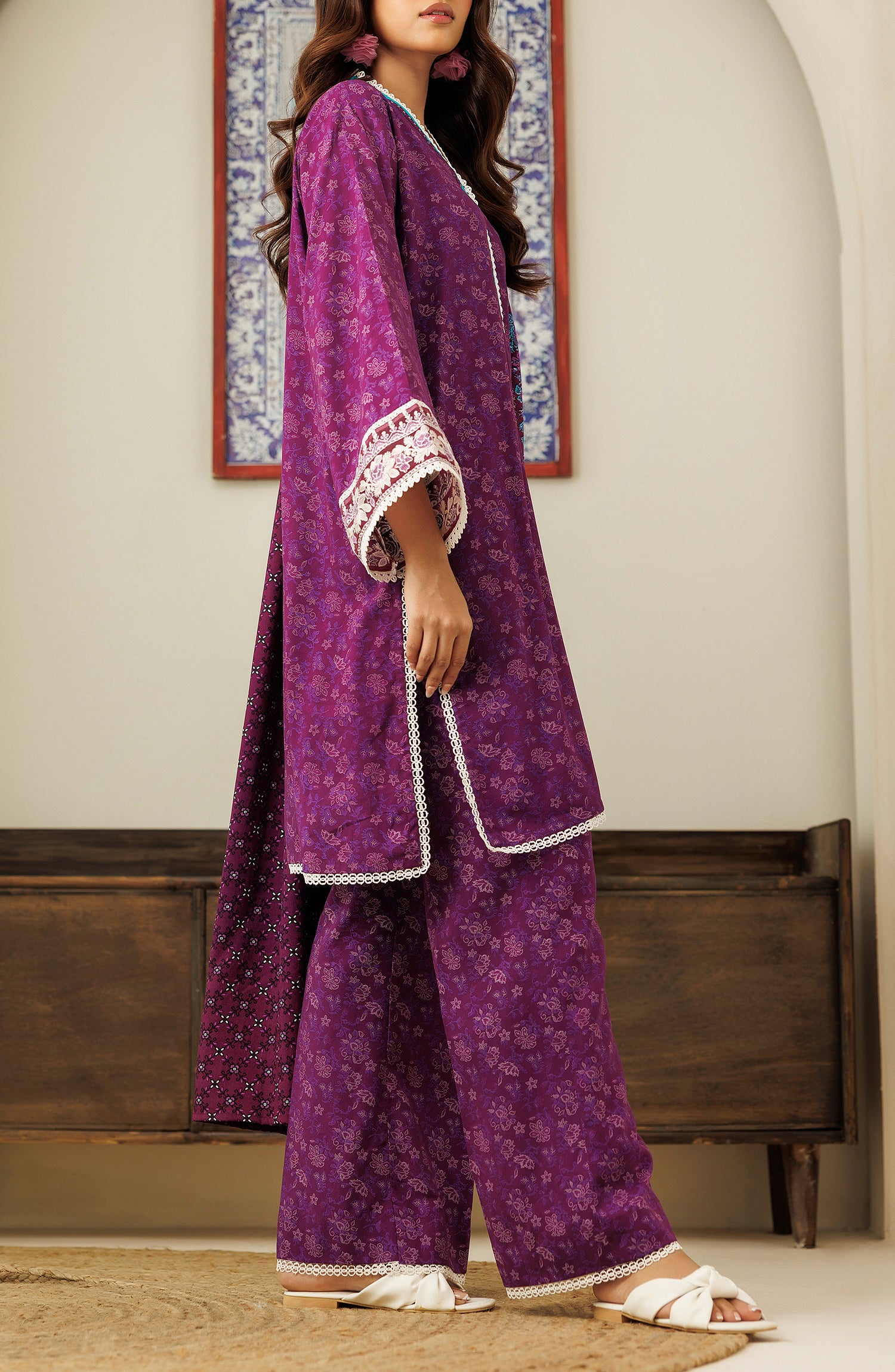 Unstitched 3 Piece Embroidered Linen Shirt , Linen Pant and Linen Dupatta (OTL-24-305/U PLUM)