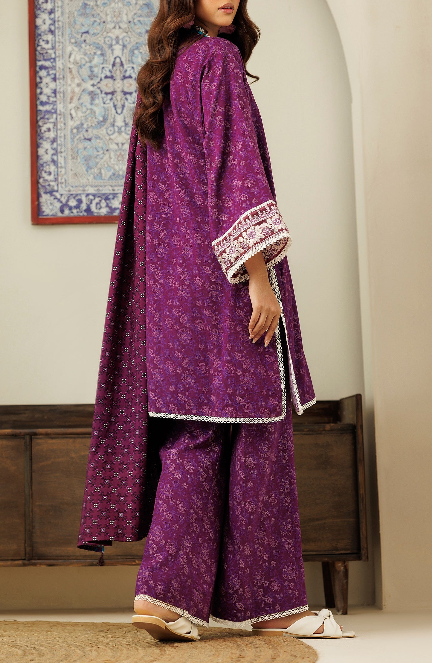 Unstitched 3 Piece Embroidered Linen Shirt , Linen Pant and Linen Dupatta (OTL-24-305/U PLUM)