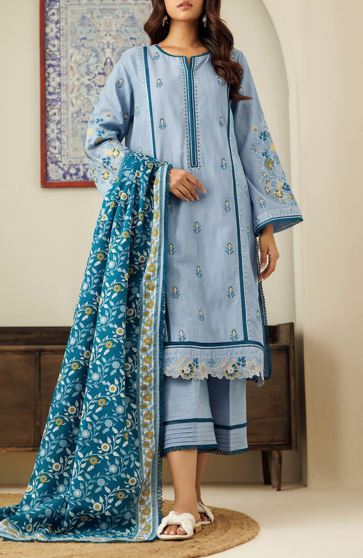 OTL-24-477/U BLUE KHADDAR Women UNSTITCHED SHIRT DUPATTA PANTS