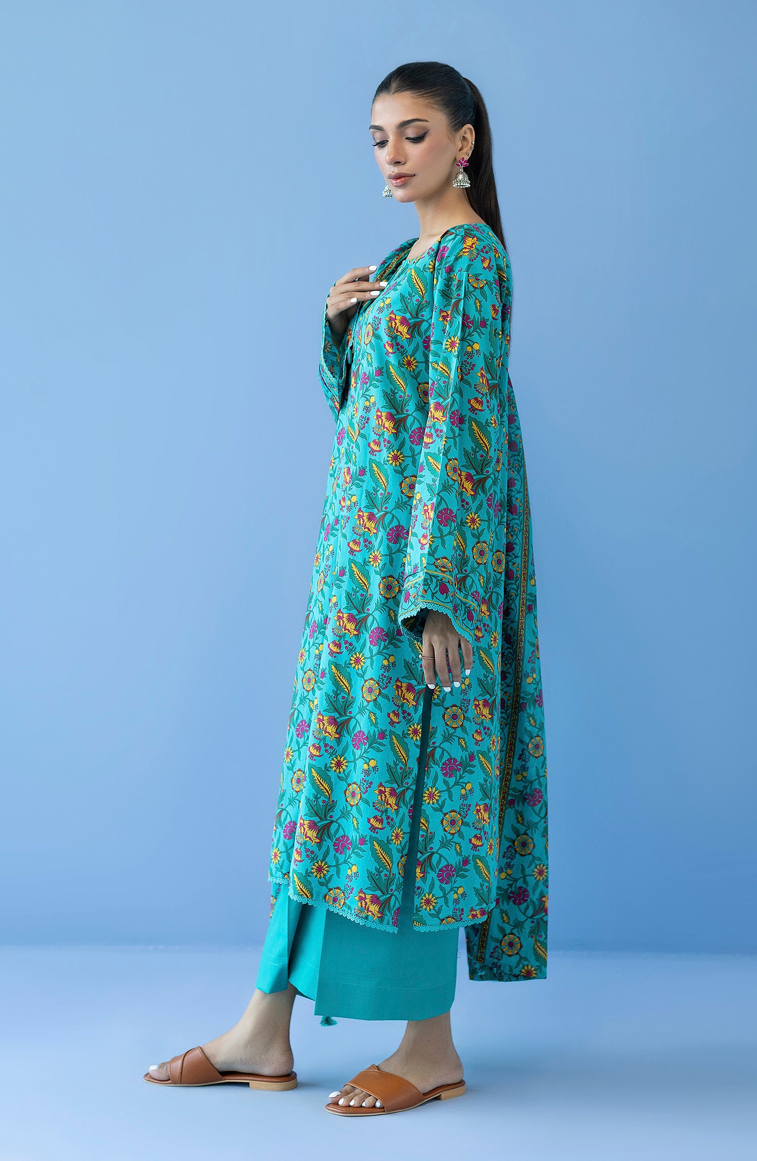 OTL-23-288/U TEAL CAMBRIC  UNSTITCHED SHIRT DUPATTA PANTS