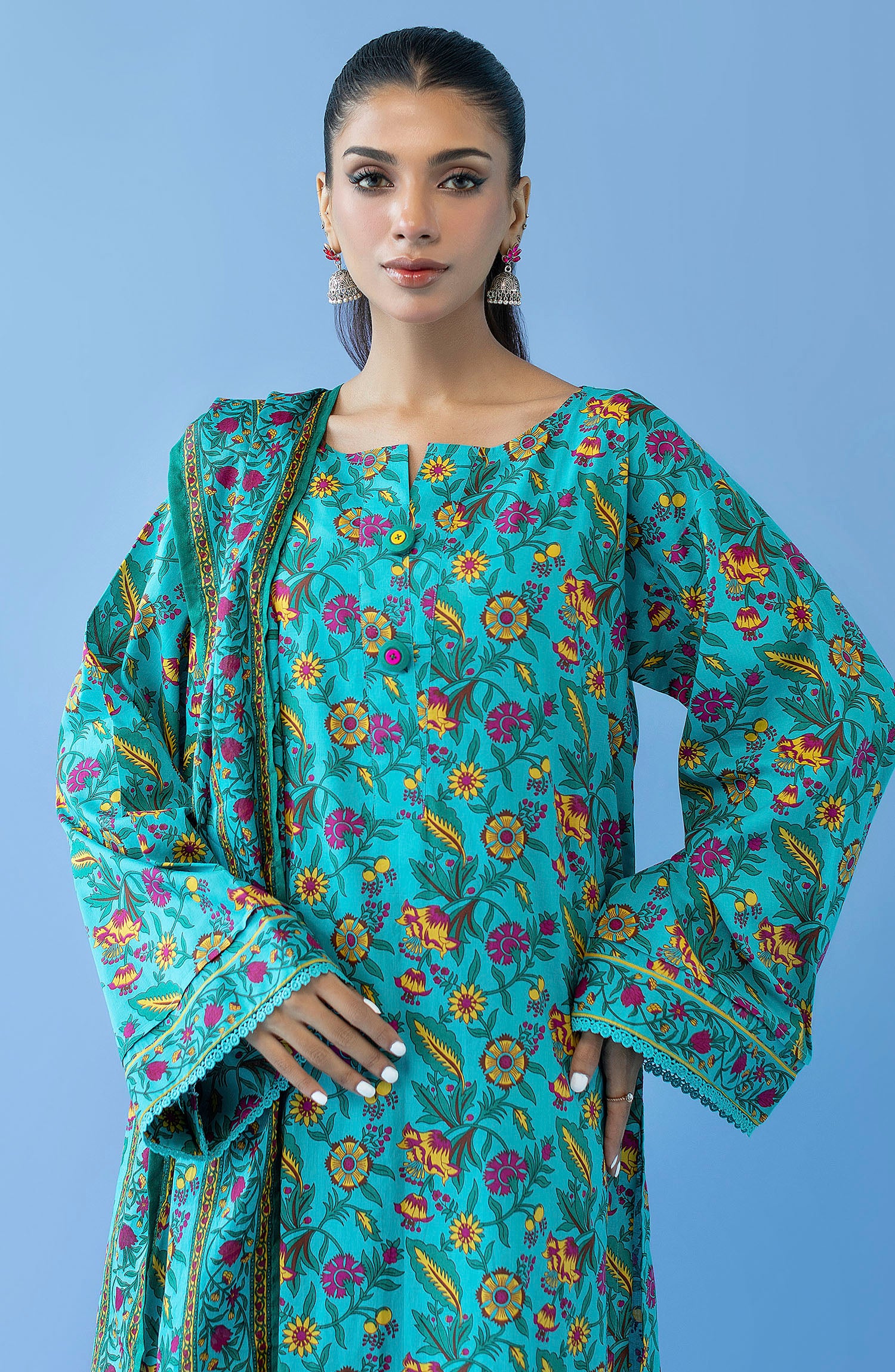 OTL-23-288/U TEAL CAMBRIC  UNSTITCHED SHIRT DUPATTA PANTS