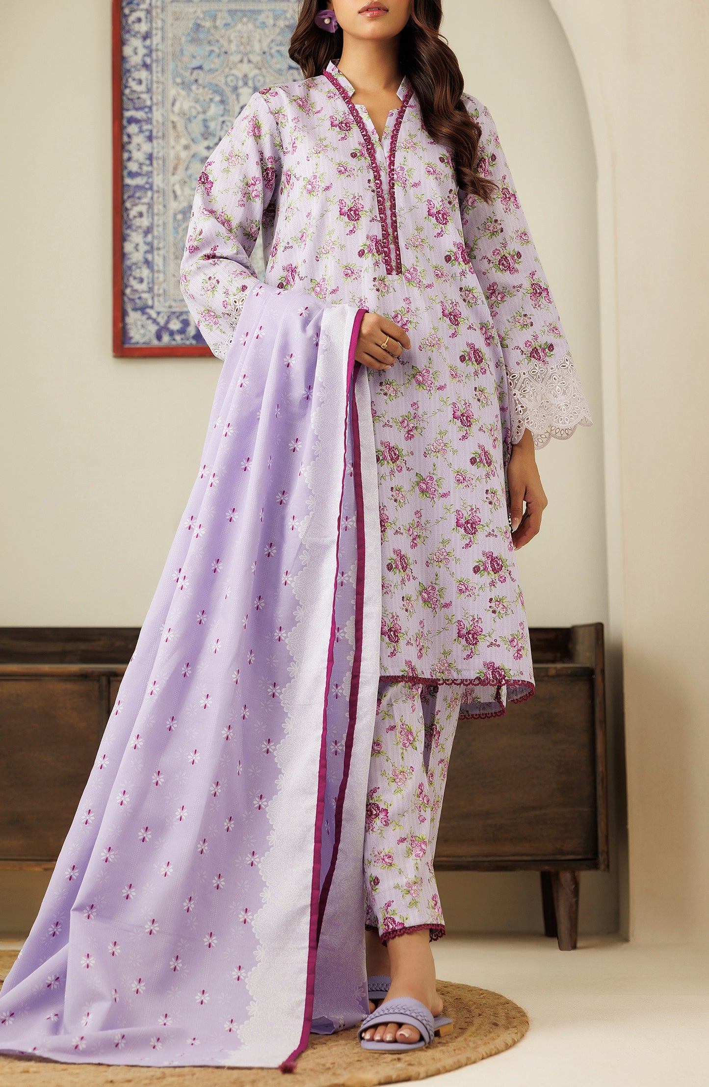 Unstitched 3 Piece Printed Cottel Shirt & Pant and Cottel Dupatta (OTL-24-452/U LILAC)