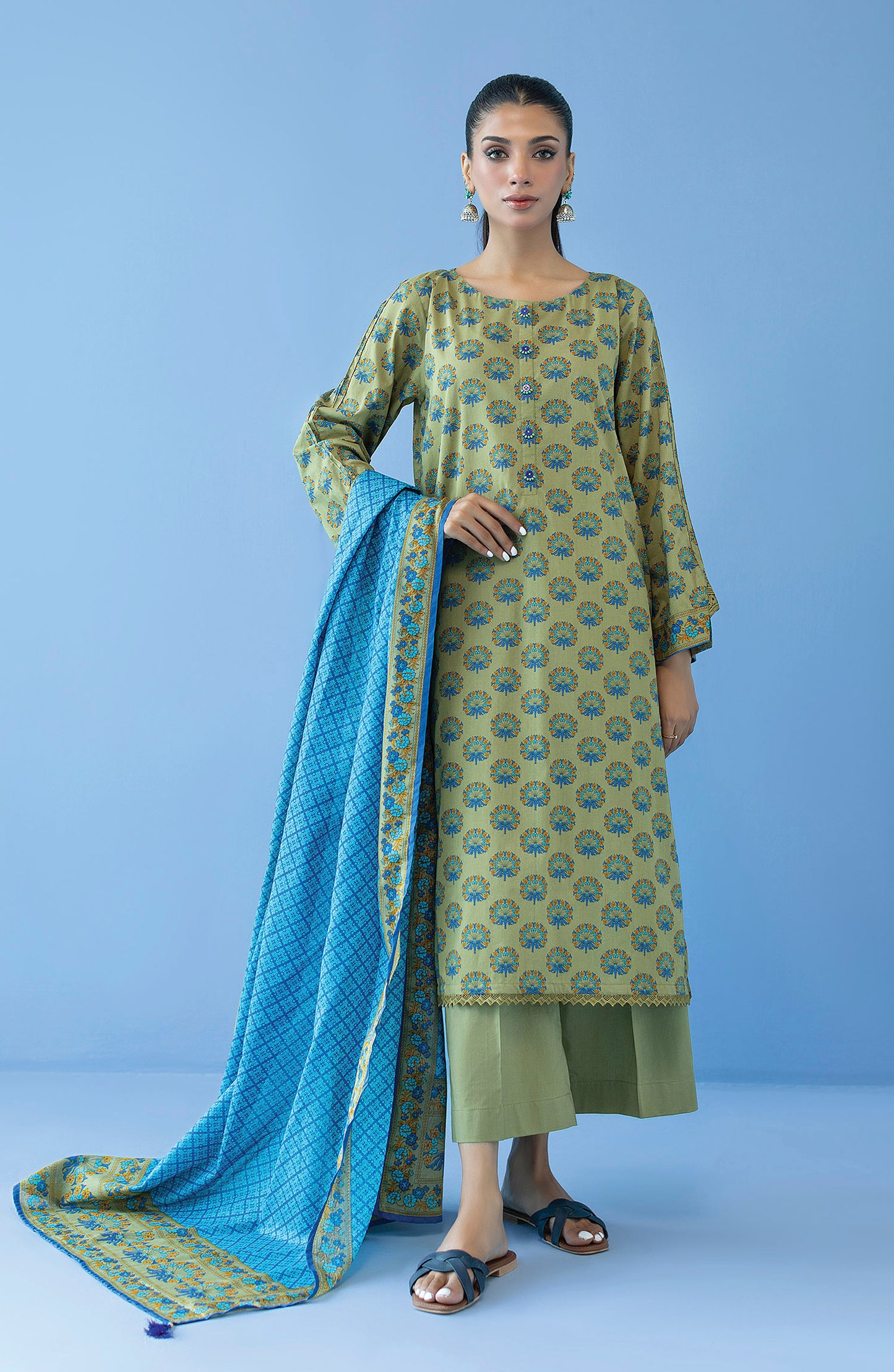 OTL-23-291/U GREEN CAMBRIC  UNSTITCHED SHIRT DUPATTA PANTS