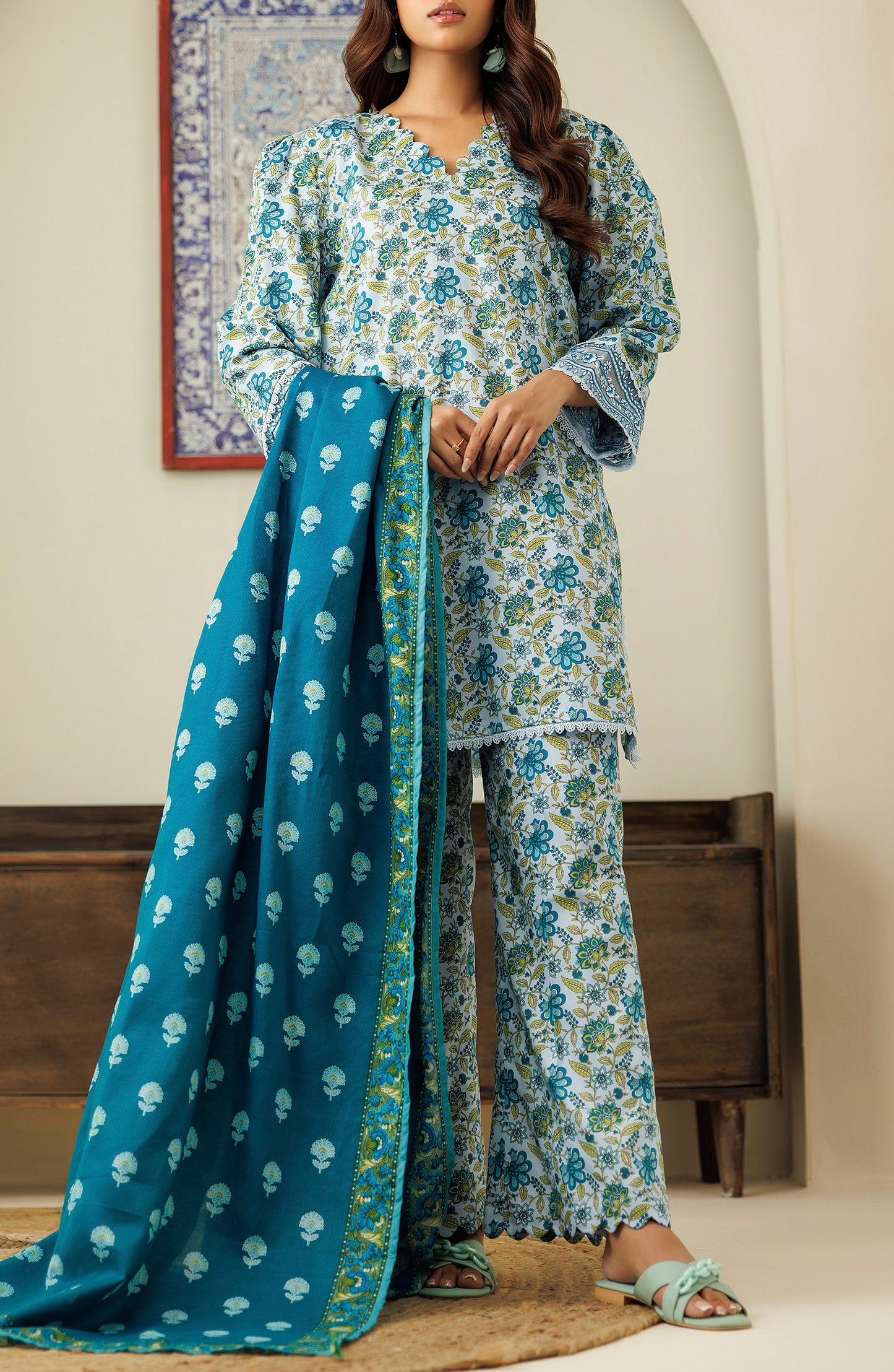 Unstitched 3 Piece Printed Cottel Shirt & Pant, Printed Cottel Dupatta (OTL-24-449/U SKY BLUE)