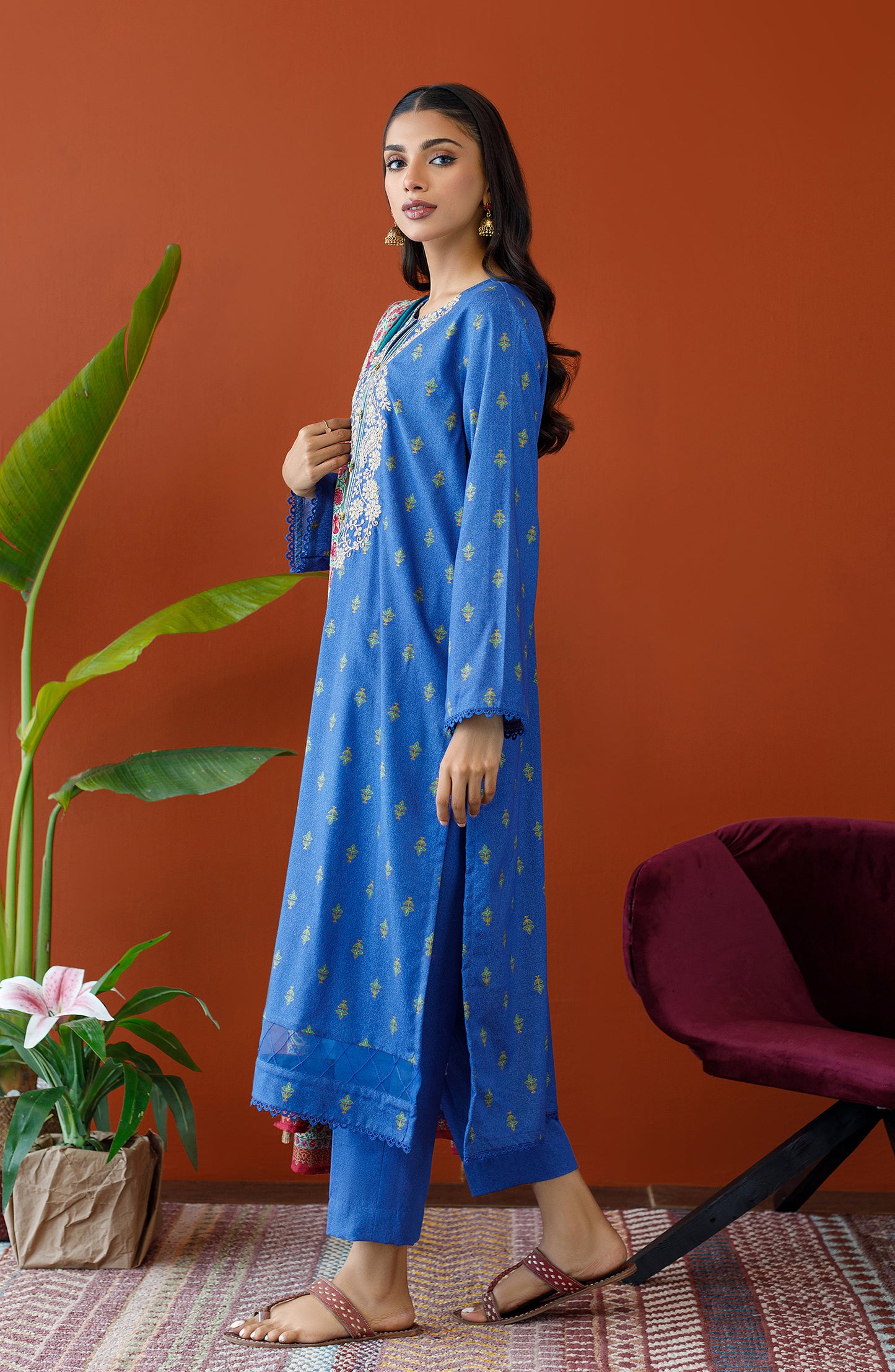 OTL-23-242/U BLUE KARANDI Women UNSTITCHED SHIRT DUPATTA PANTS