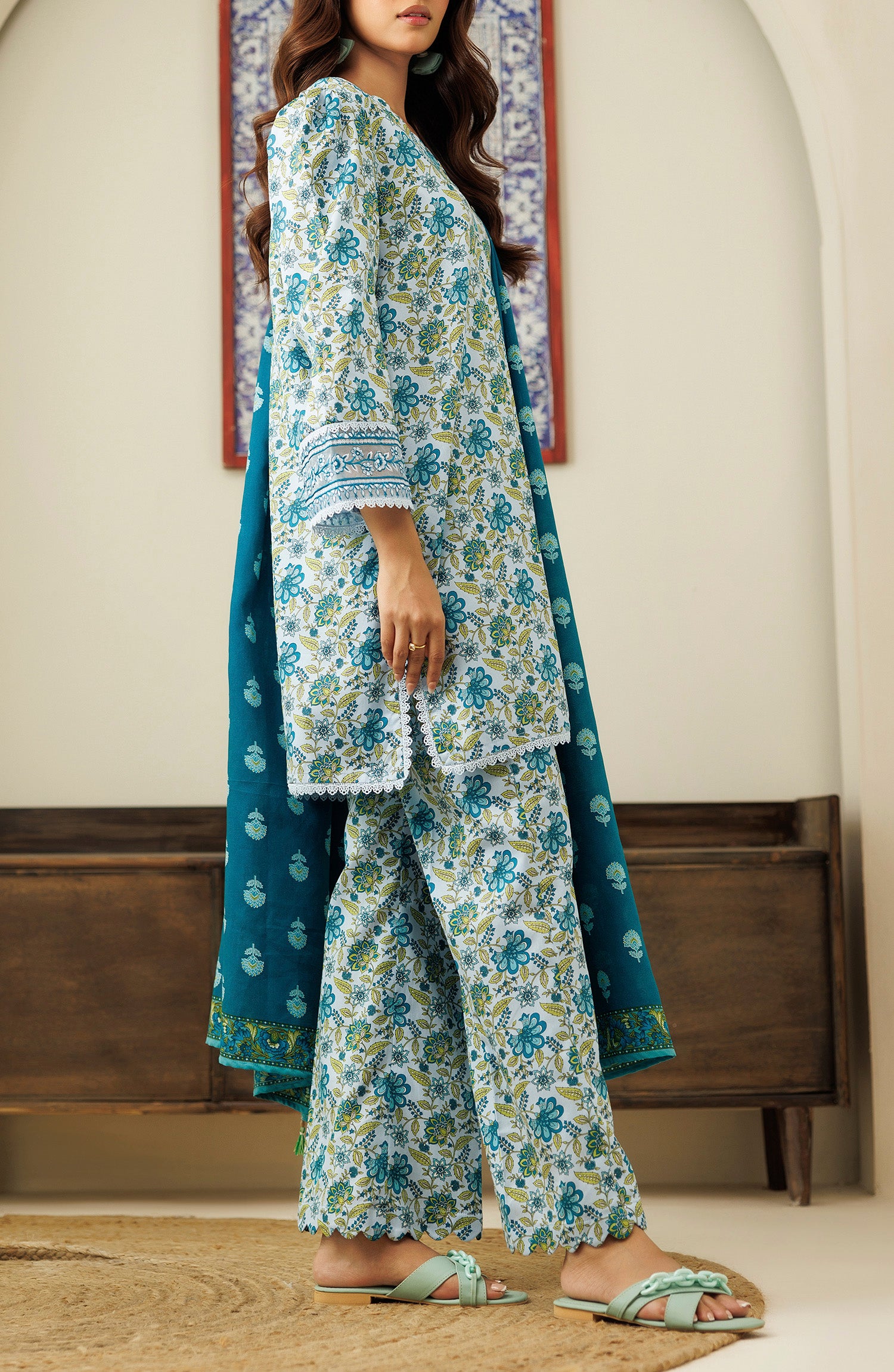 Unstitched 3 Piece Printed Cottel Shirt & Pant, Printed Cottel Dupatta (OTL-24-449/U SKY BLUE)