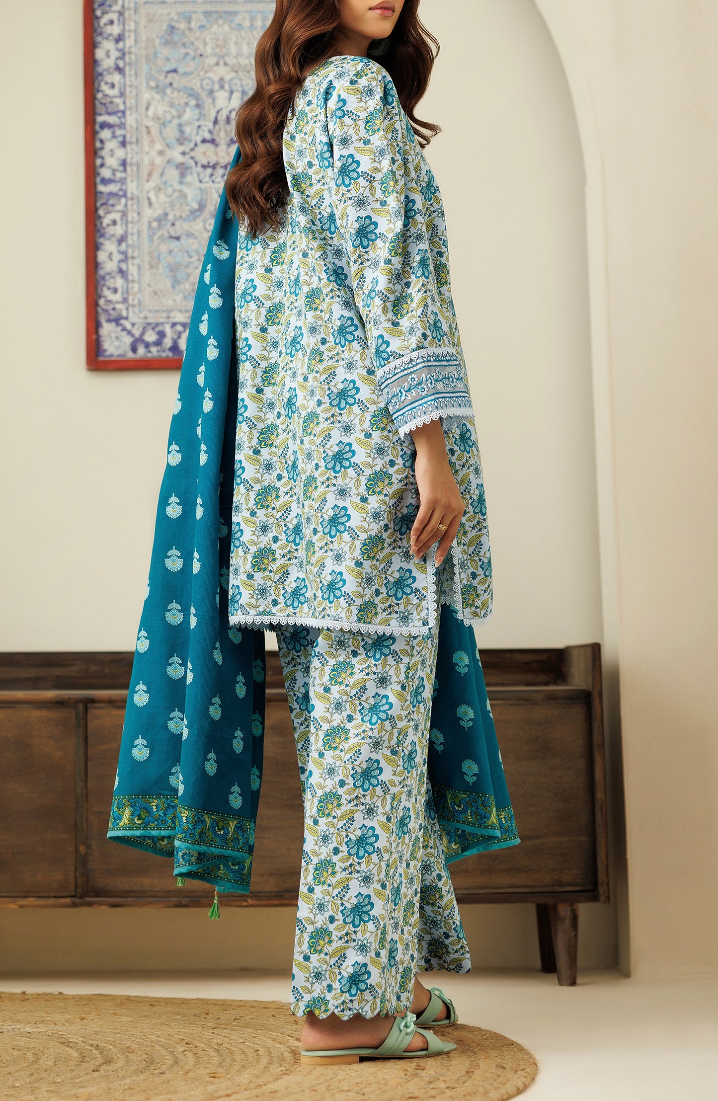 Unstitched 3 Piece Printed Cottel Shirt & Pant, Printed Cottel Dupatta (OTL-24-449/U SKY BLUE)