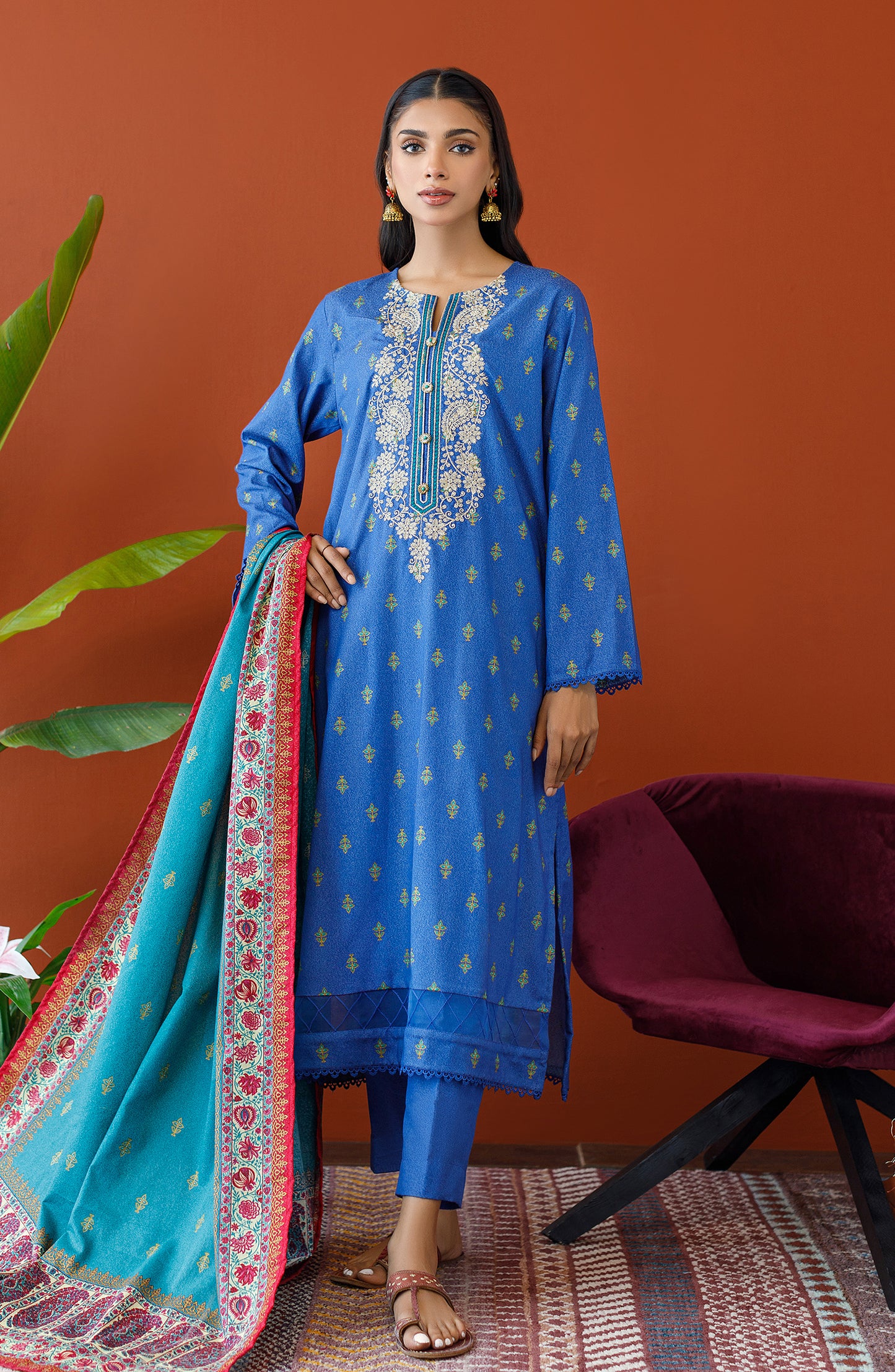 OTL-23-242/U BLUE KARANDI Women UNSTITCHED SHIRT DUPATTA PANTS