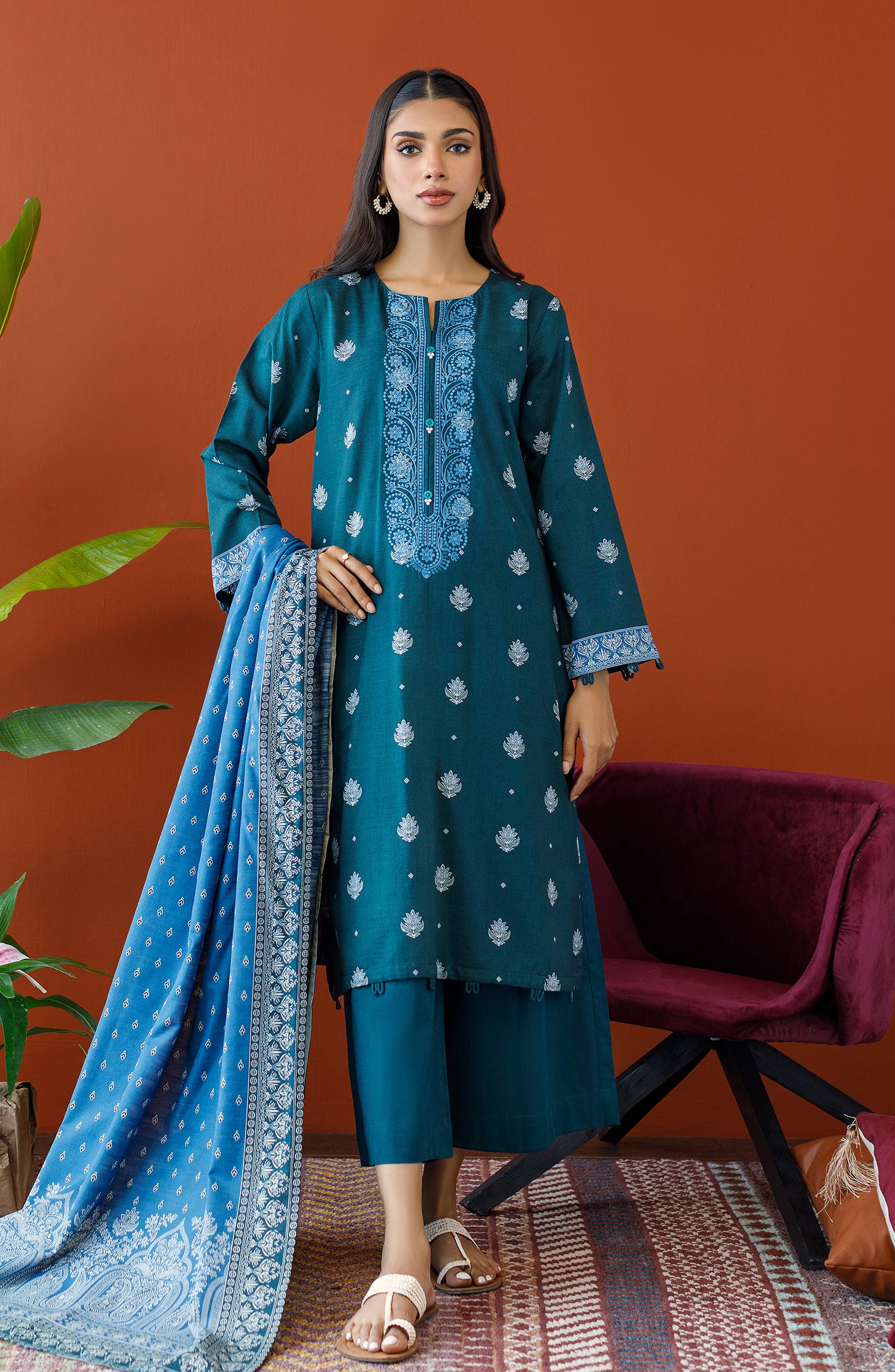 OTL-23-266/U TEAL KHADDAR Women UNSTITCHED SHIRT DUPATTA PANTS