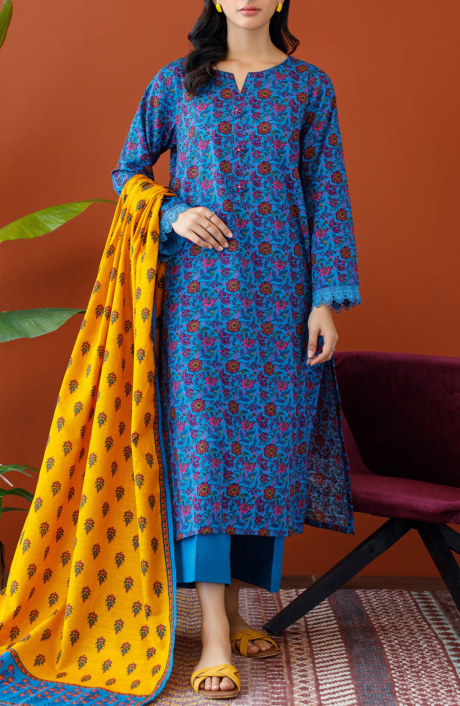 OTL-23-343/U BLUE KHADDAR Women UNSTITCHED SHIRT DUPATTA PANTS