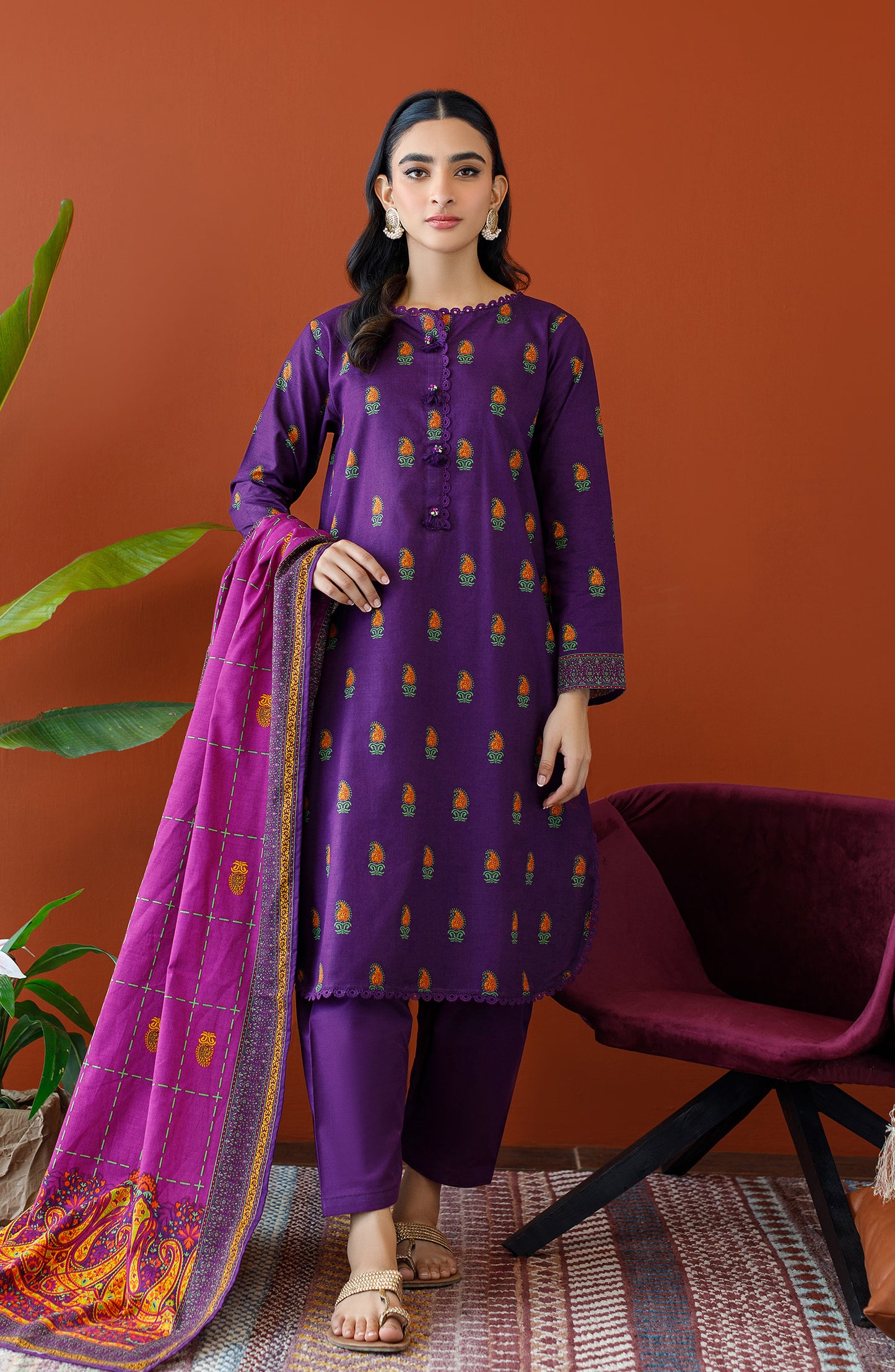 OTL-23-264/U PURPLE KHADDAR Women UNSTITCHED SHIRT DUPATTA PANTS