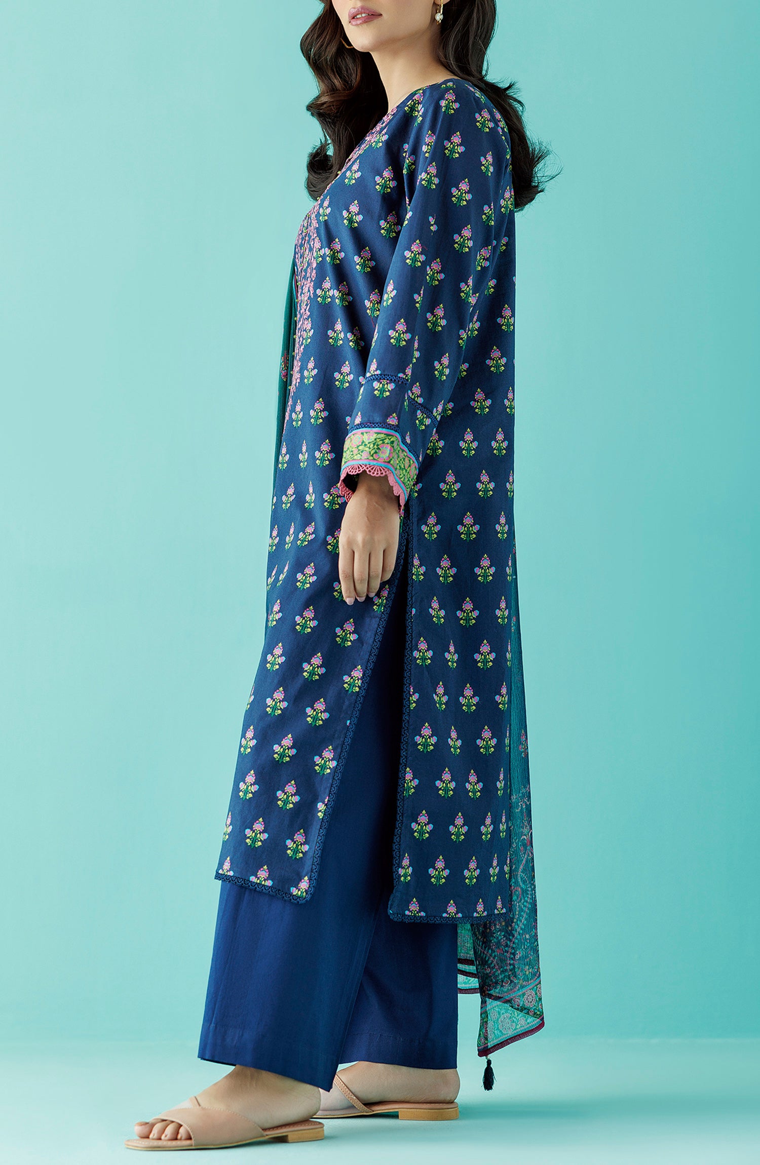 Stitched 3 Piece Premium Embroidered Casual Lawn Shirt , Cambric Pant and Chiffon Dupatta (OTL-24-039/S BLUE)