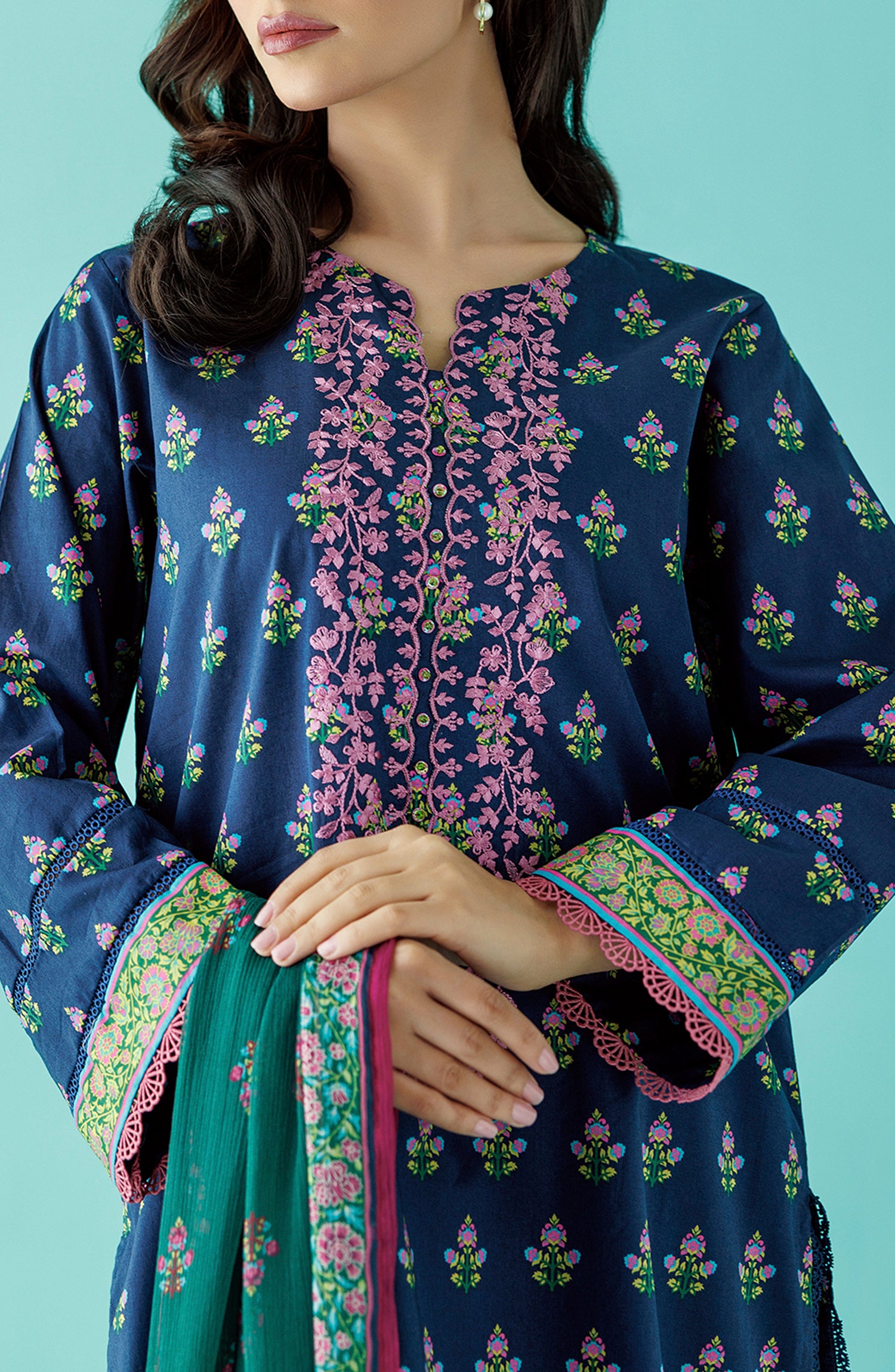 Stitched 3 Piece Premium Embroidered Casual Lawn Shirt , Cambric Pant and Chiffon Dupatta (OTL-24-039/S BLUE)