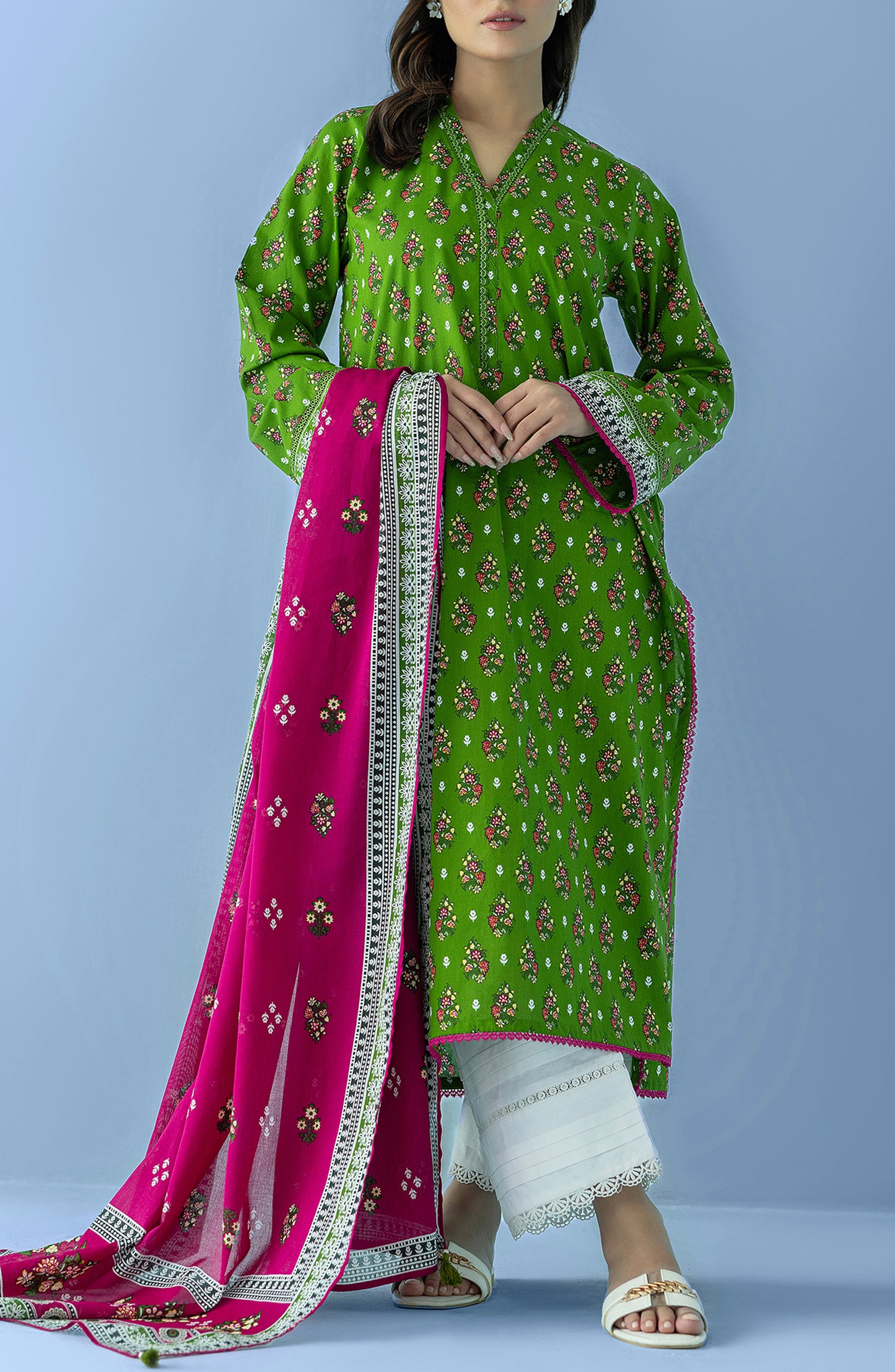 Stitched 2 Piece Printed Lawn Shirt and Lawn Dupatta (NRDS-24-035/S GREEN)