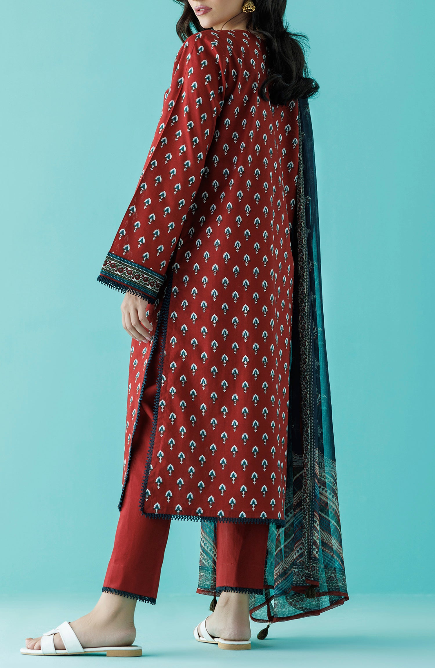 Stitched 3 Piece Embroidered Lawn Shirt , Cambric Pant and Bimber Chiffon Dupatta (OTL-24-037/S RED)