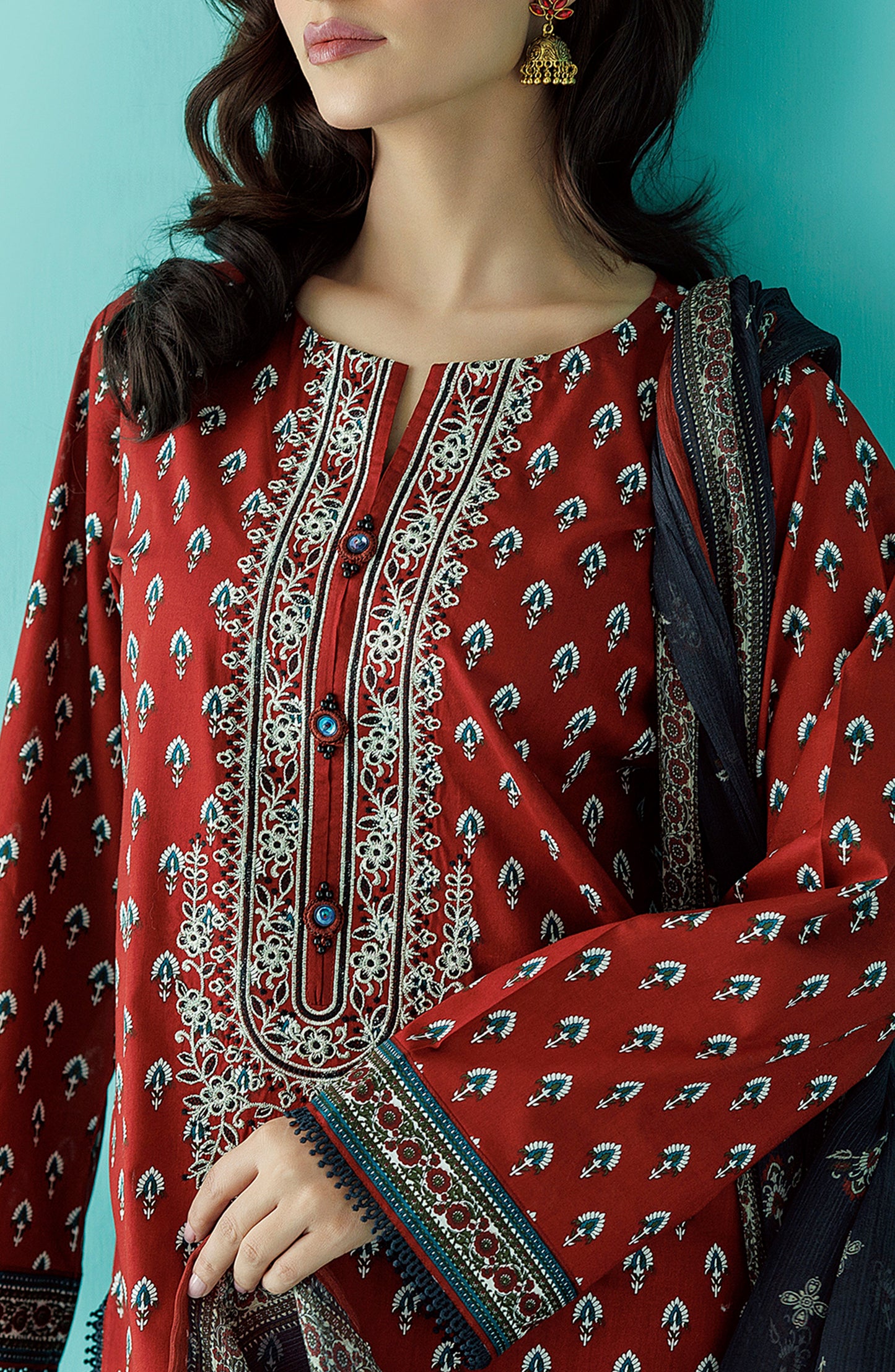 Stitched 3 Piece Embroidered Lawn Shirt , Cambric Pant and Bimber Chiffon Dupatta (OTL-24-037/S RED)