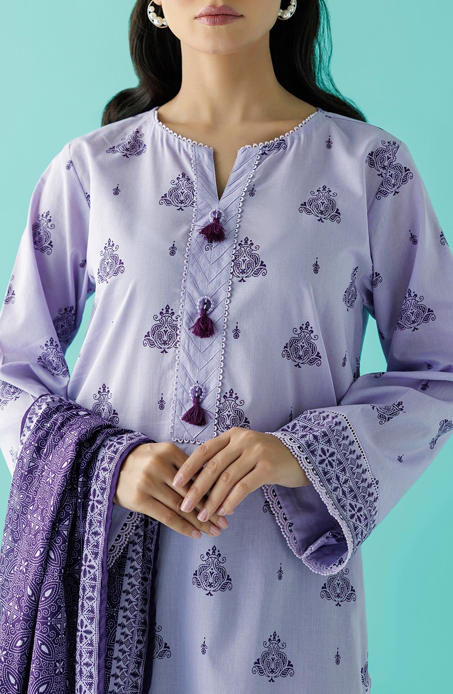 Stitched 3 Piece Premium Solid Casual Lawn Shirt , Cambric Pant and Lawn Dupatta (OTL-24-018/S LIGHT PURPLE)