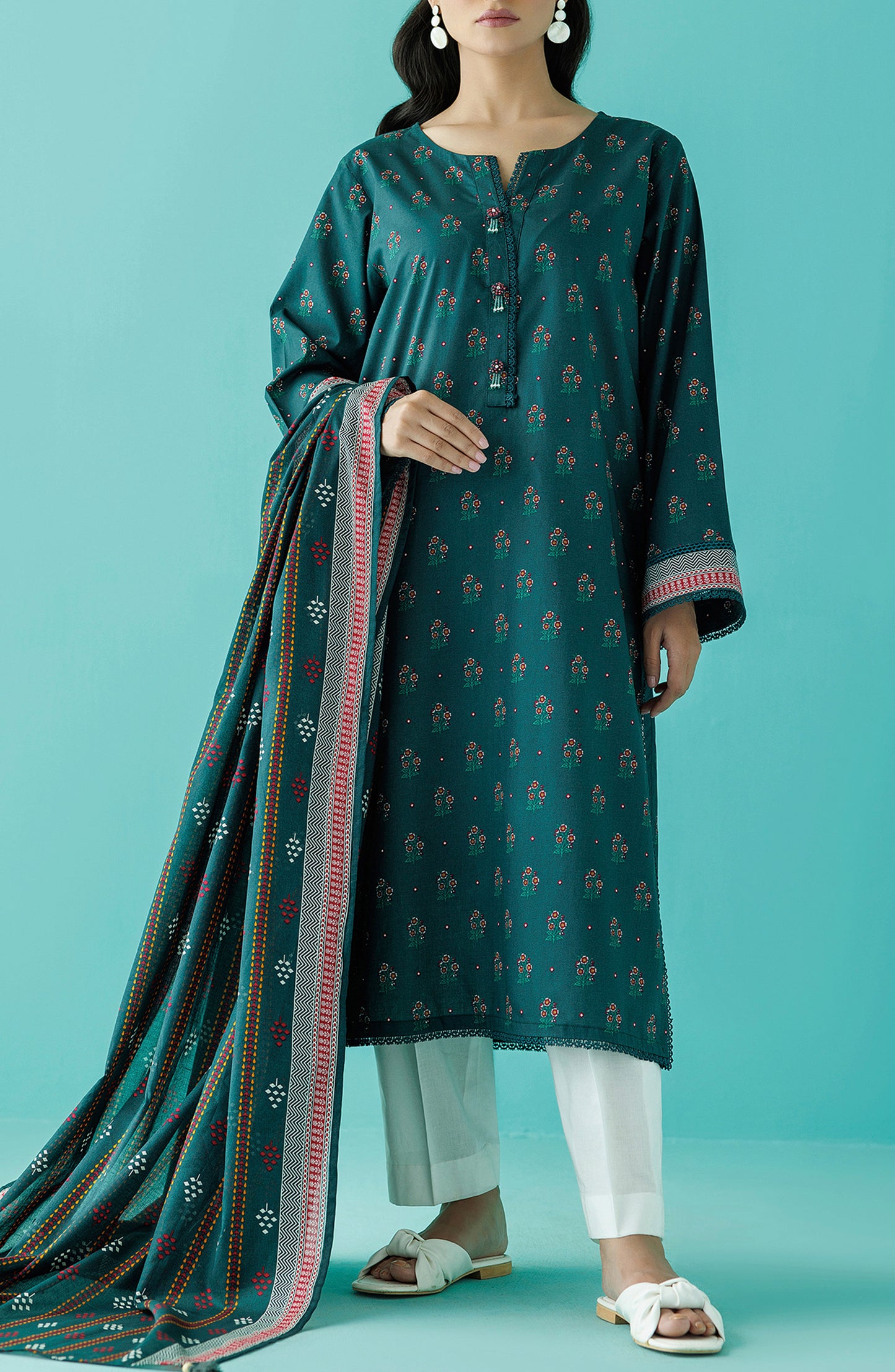 Stitched 2 Piece Printed Lawn Shirt and Lawn Dupatta (NRDS-24-006/S TEAL)