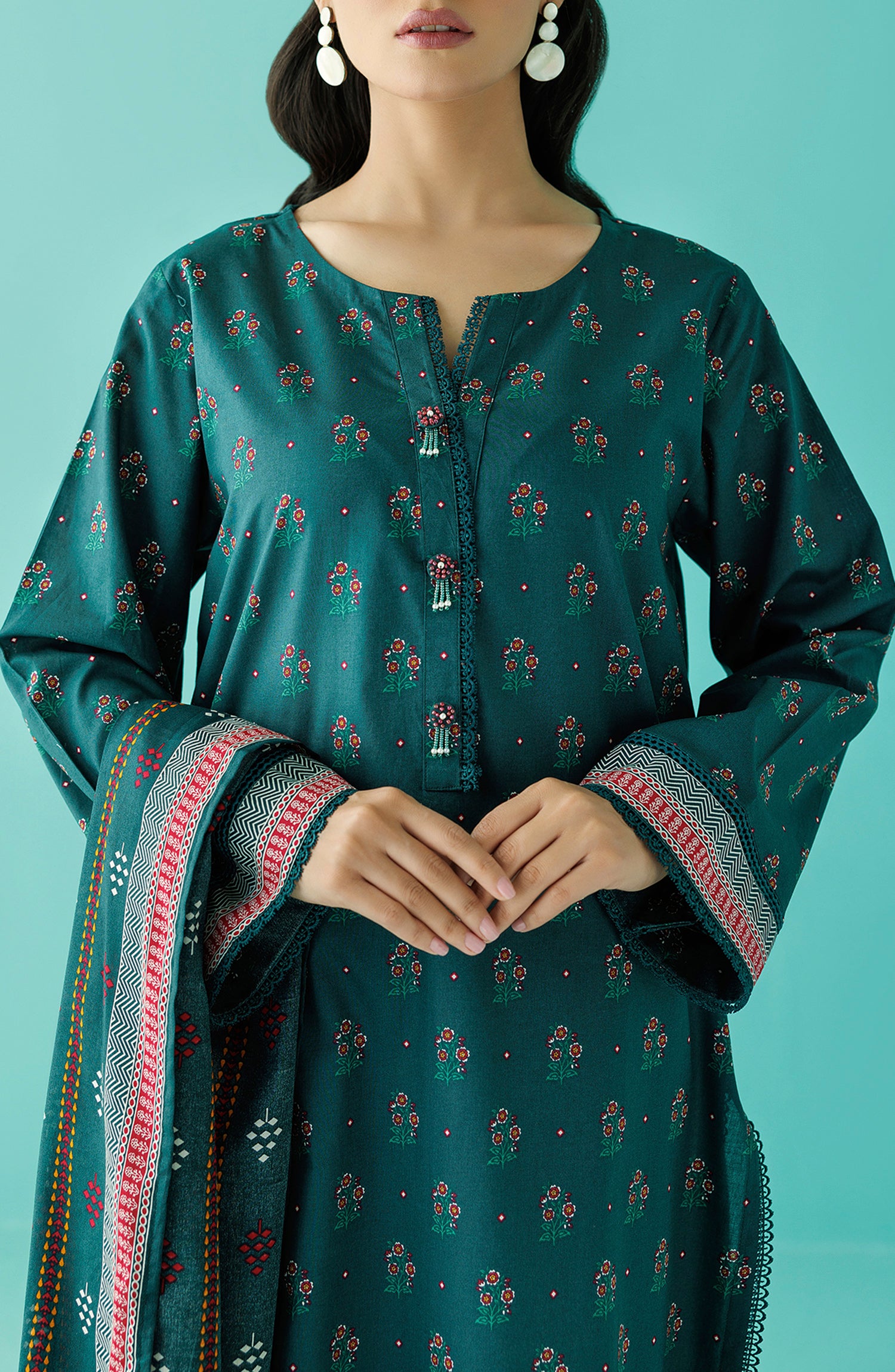 Stitched 2 Piece Printed Lawn Shirt and Lawn Dupatta (NRDS-24-006/S TEAL)