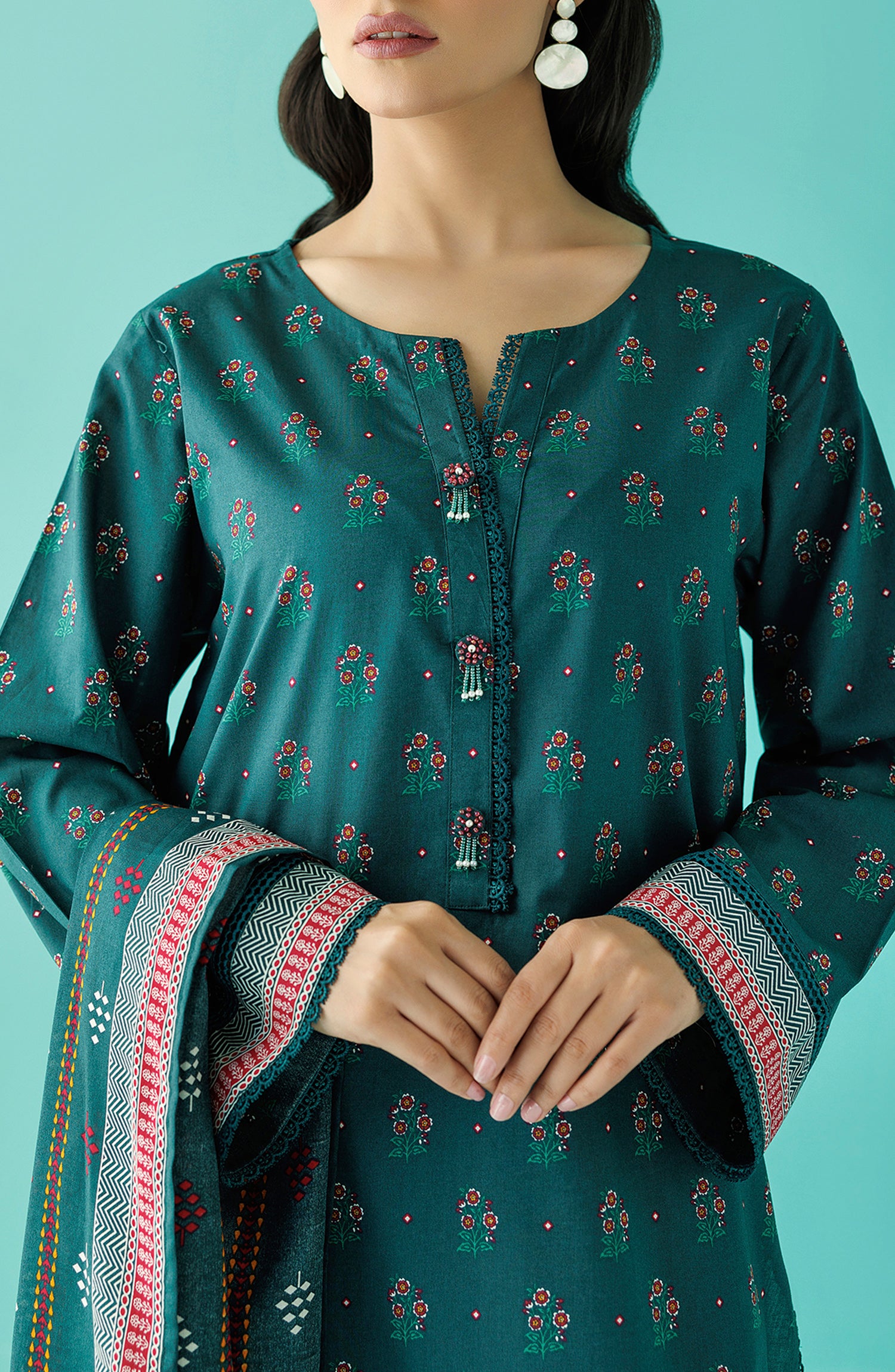 Stitched 2 Piece Printed Lawn Shirt and Lawn Dupatta (NRDS-24-006/S TEAL)