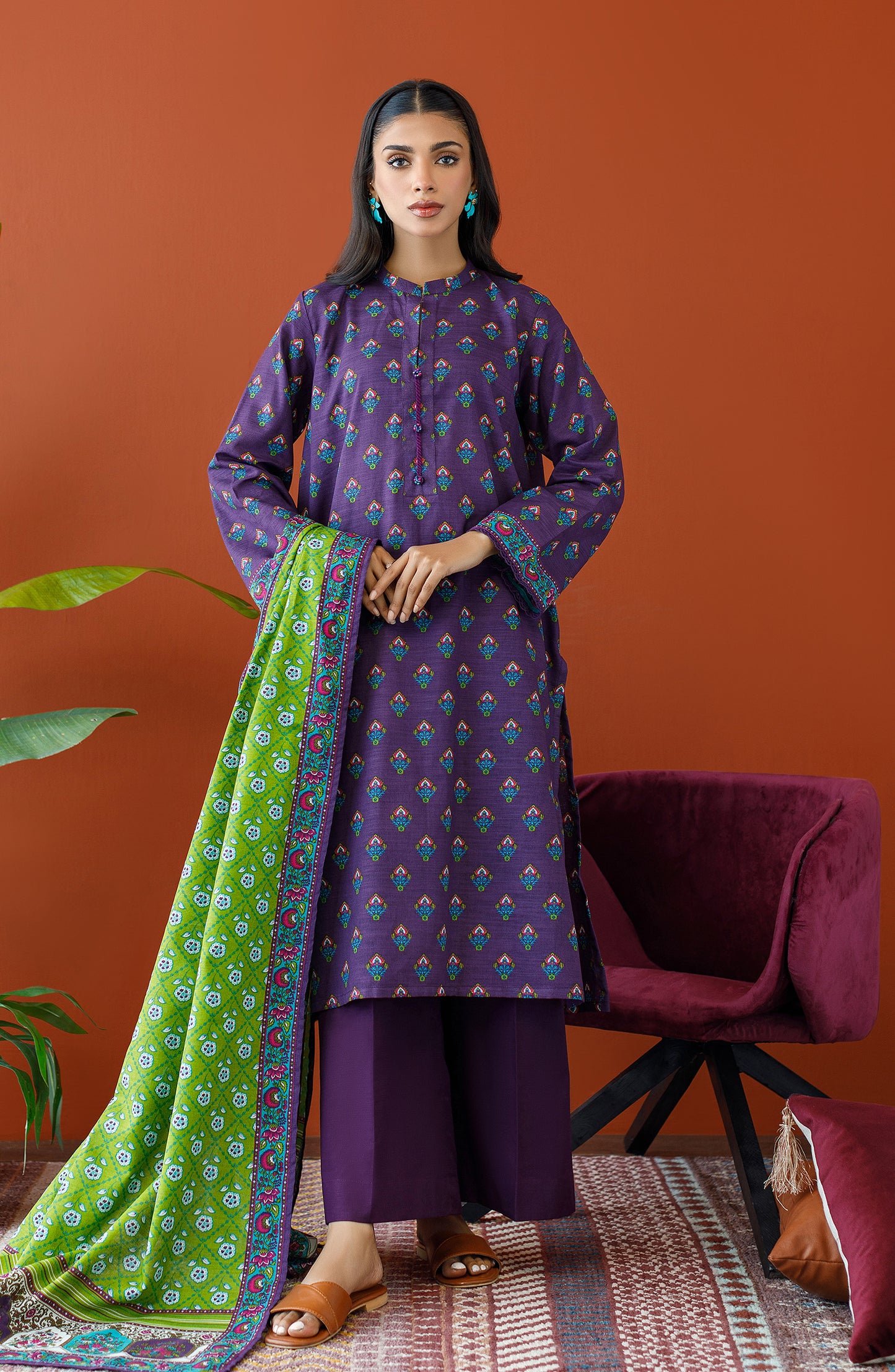 OTL-23-283/U PURPLE KHADDAR Women UNSTITCHED SHIRT DUPATTA PANTS