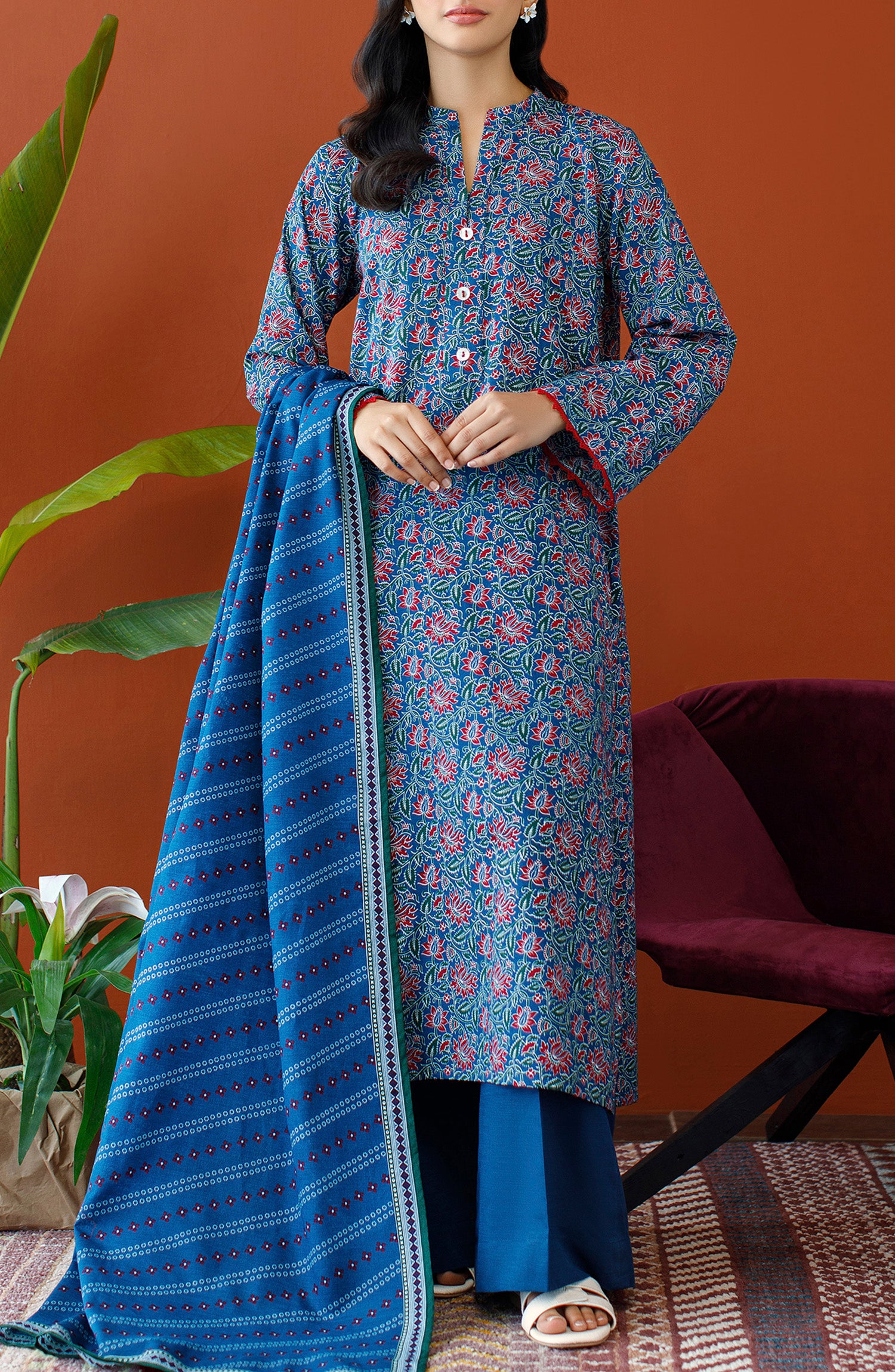 OTL-23-334/U BLUE KHADDAR Women UNSTITCHED SHIRT DUPATTA PANTS