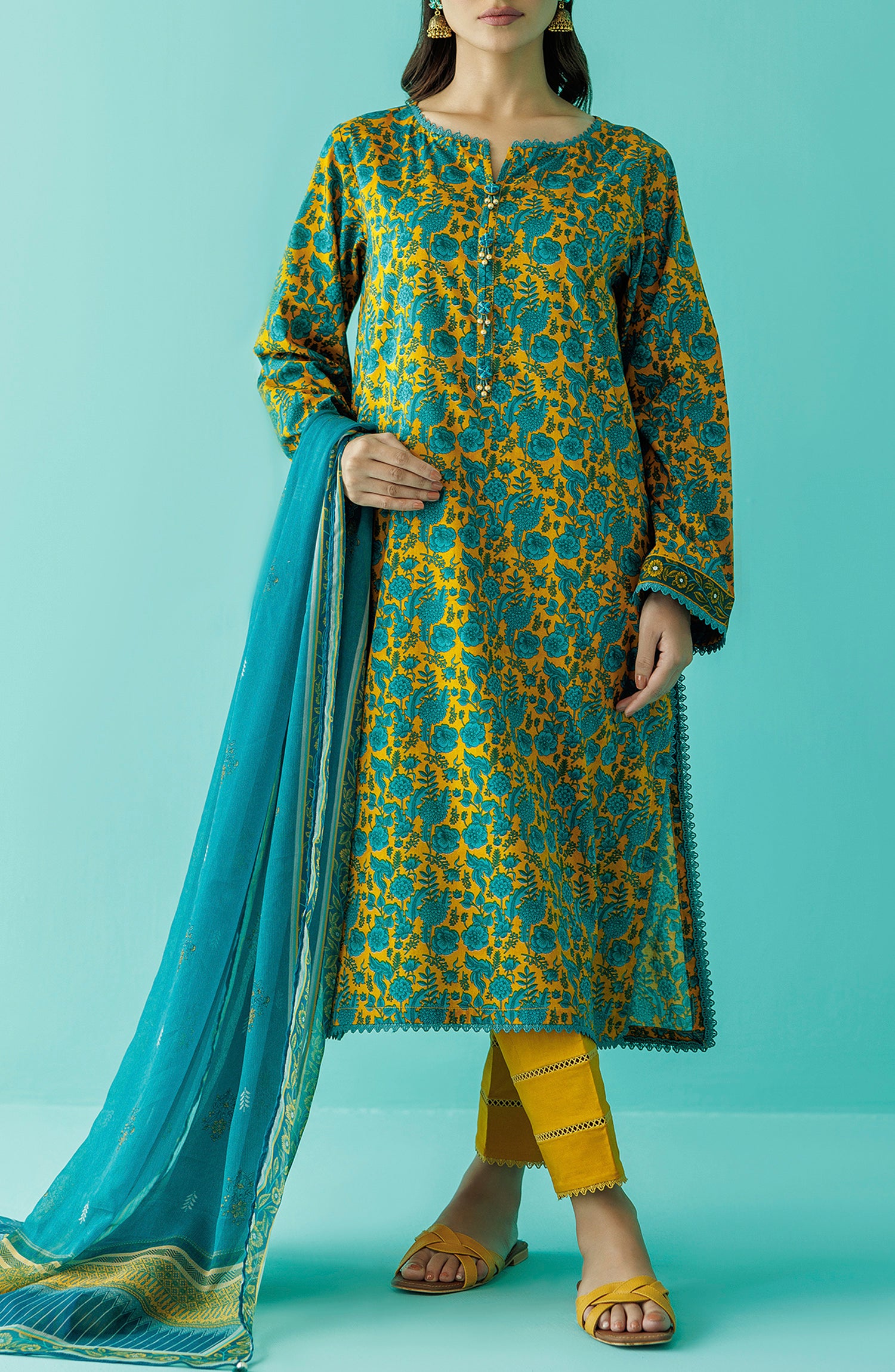 Stitched 3 Piece Printed Lawn Shirt , Cambric Pant and Kitonic Chiffon Dupatta (OTL-24-035/S YELLOW)