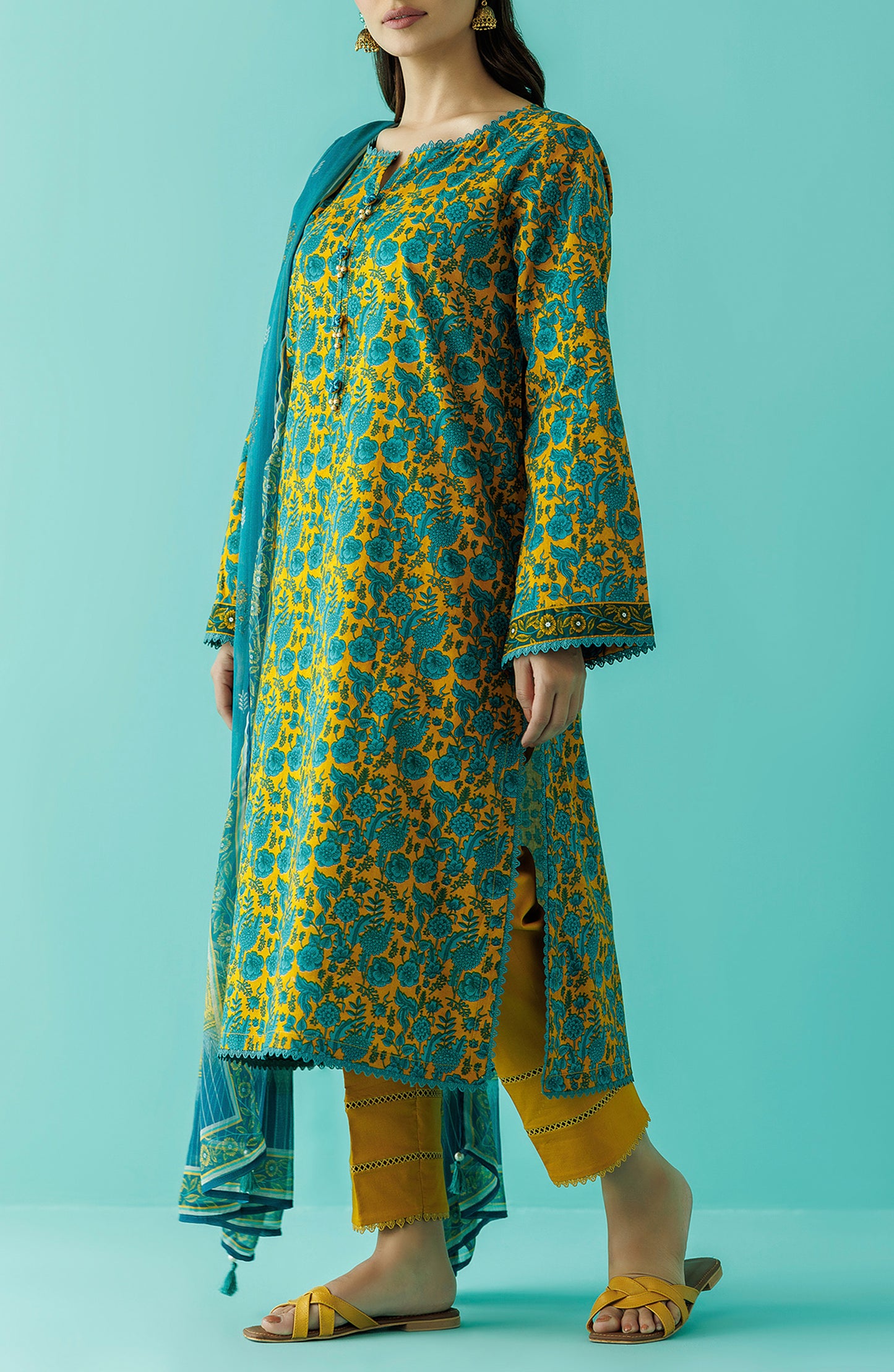 Stitched 3 Piece Printed Lawn Shirt , Cambric Pant and Kitonic Chiffon Dupatta (OTL-24-035/S YELLOW)