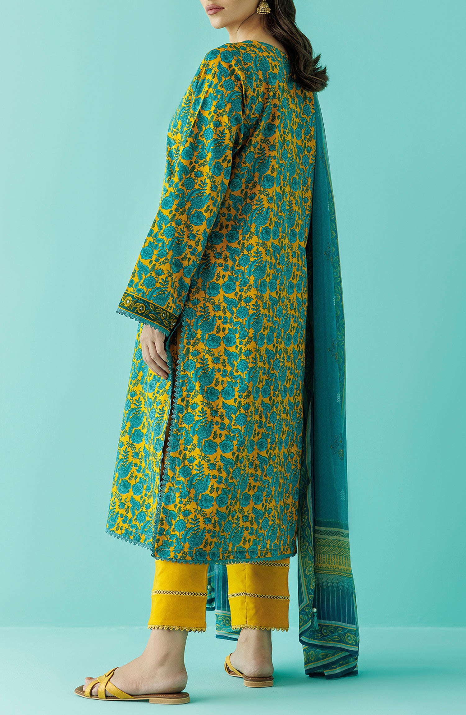 Stitched 3 Piece Printed Lawn Shirt , Cambric Pant and Kitonic Chiffon Dupatta (OTL-24-035/S YELLOW)