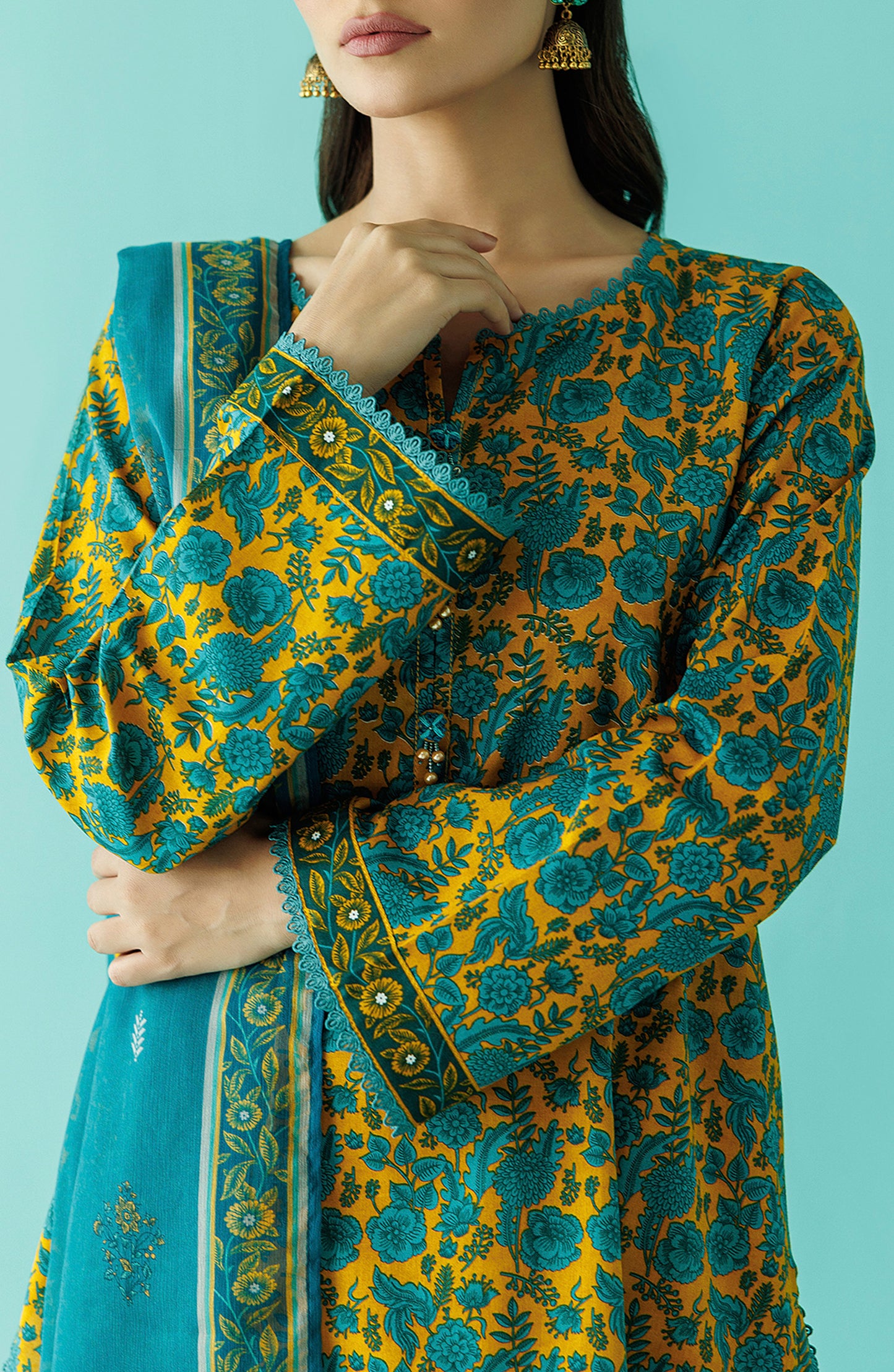 Stitched 3 Piece Printed Lawn Shirt , Cambric Pant and Kitonic Chiffon Dupatta (OTL-24-035/S YELLOW)