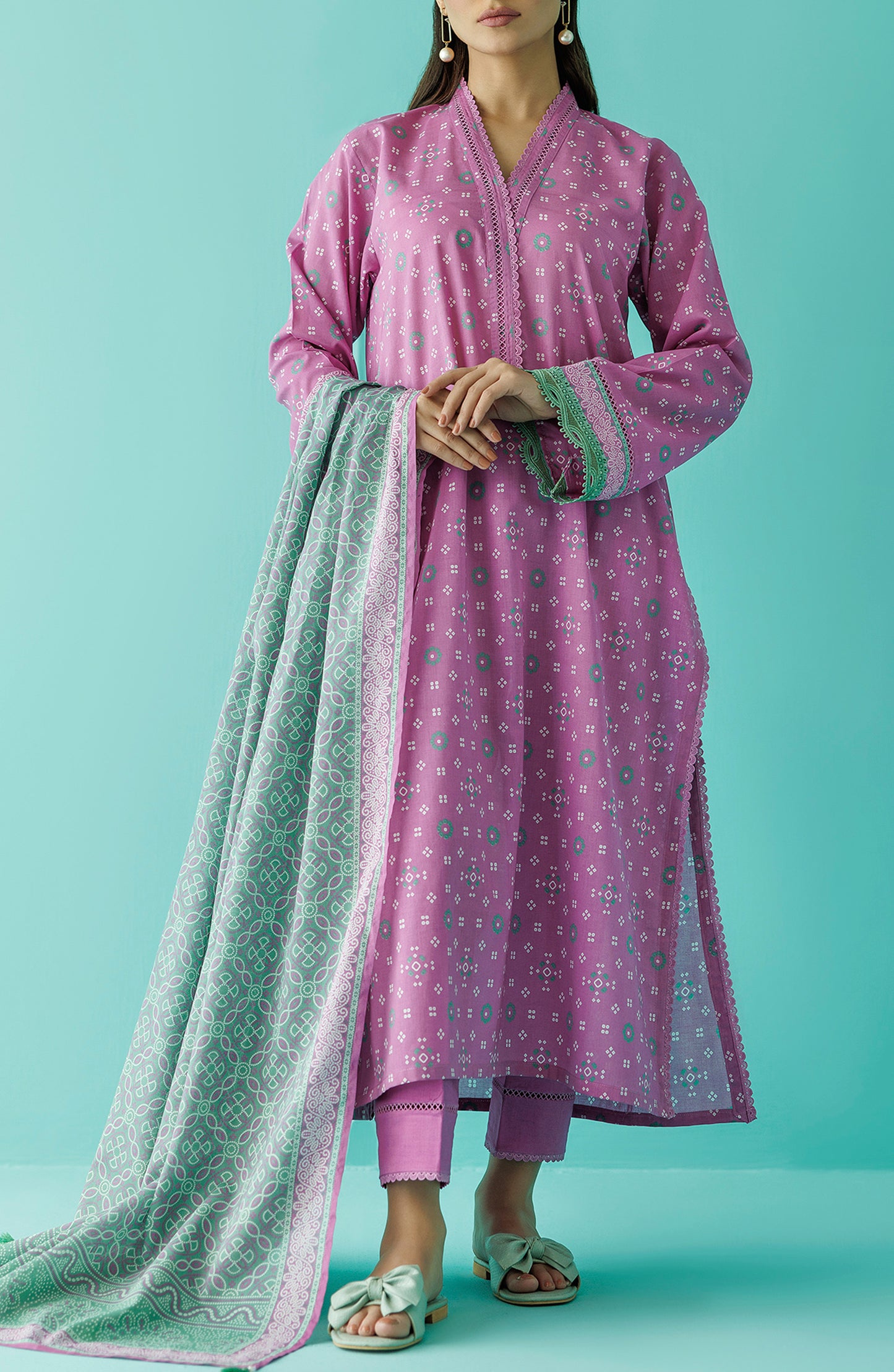 Stitched 3 Piece Printed Lawn Shirt , Cambric Pant and Lawn Dupatta (OTL-24-047/S FONDANT PINK)