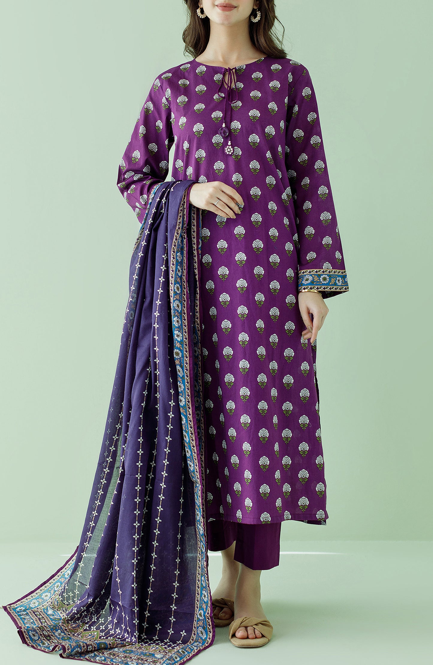 Stitched 3 Piece Printed Lawn Shirt , Cambric Pant and Lawn Dupatta (OTL-23-359/S PURPLE)