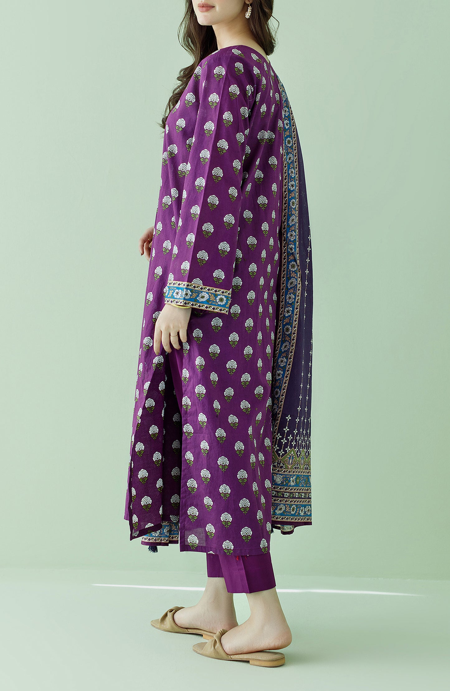 Stitched 3 Piece Printed Lawn Shirt , Cambric Pant and Lawn Dupatta (OTL-23-359/S PURPLE)